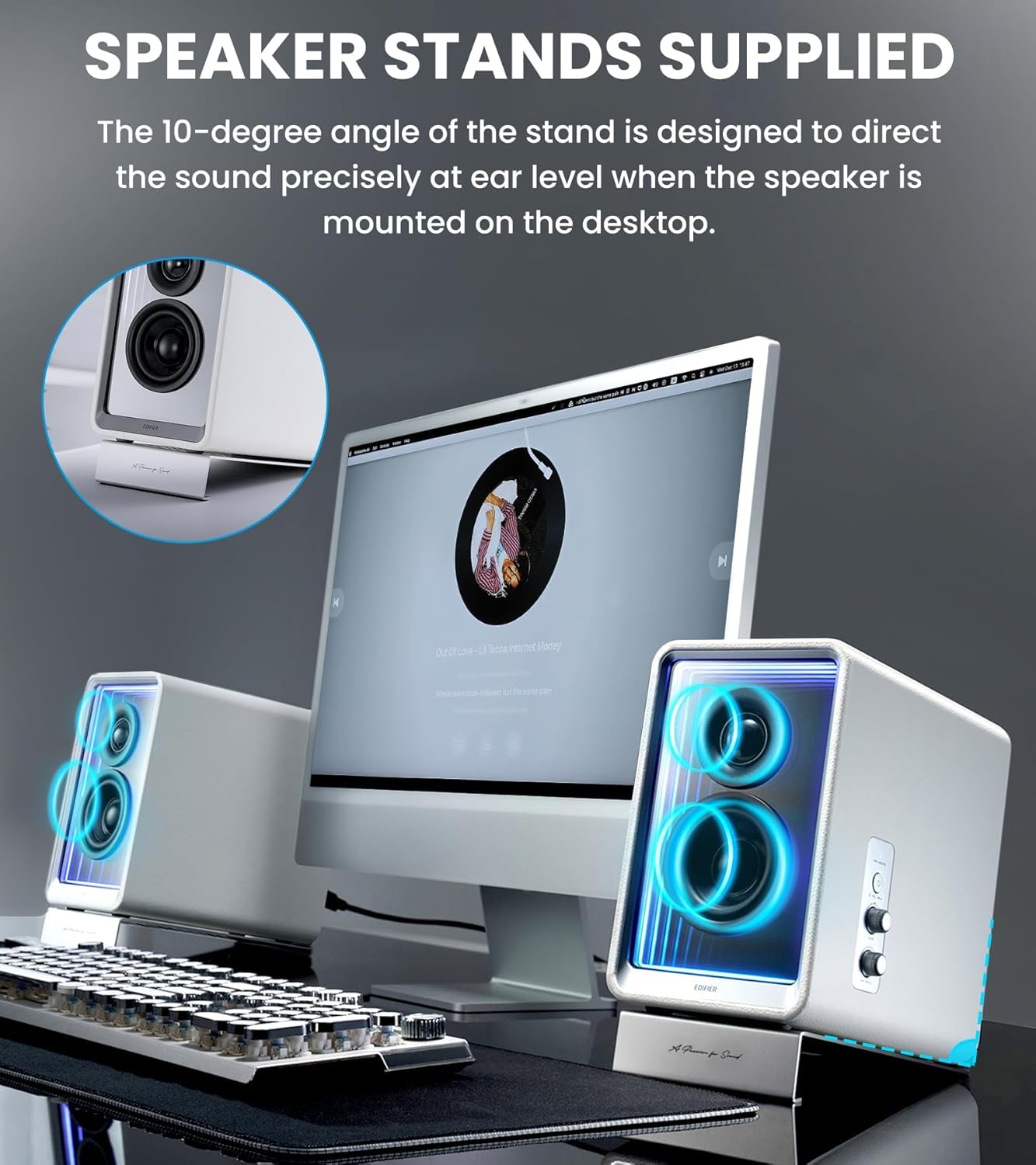 Edifier - QR65 Desktop Active Monitor with 2.75" Long-Throw Aluminum Diaphragm Mid-Low Drivers, Hi-Res Audio, Brilliant Light Effects, 70W Output Power Bluetooth Speakers with Stands - White - Serious Techies