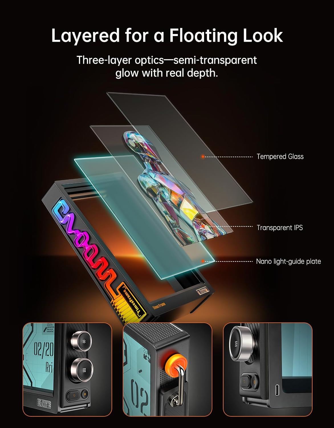 Divoom - Times Frame-10.1" Digital Picture Frame Transparent IPS Smart Linux OS with RGBLED Rotary Knob Wifi 64GB 400+Clock Faces Widget 50+API Feeds Gift Mode Pixel Art Community Personalized Display - Serious Techies