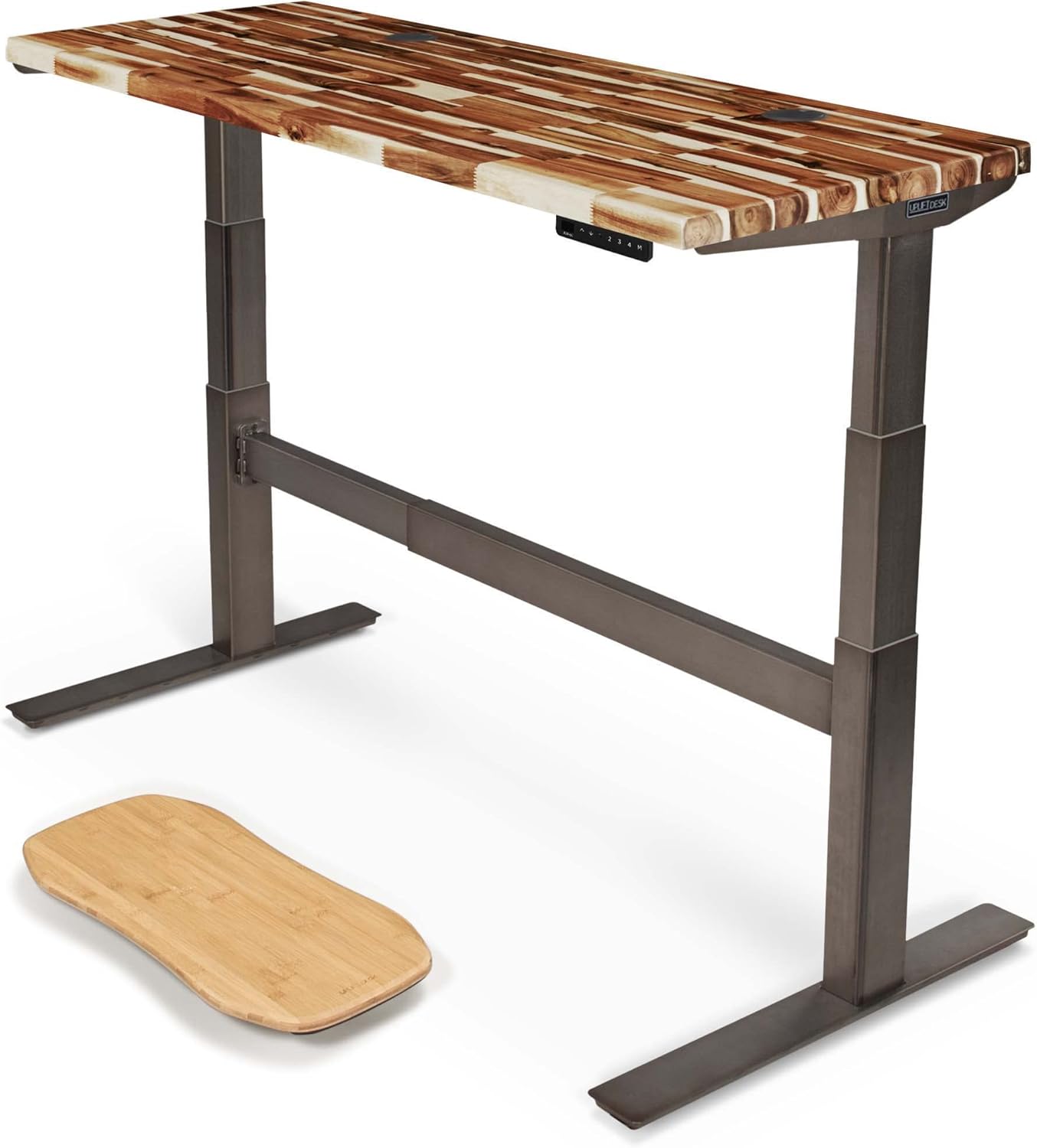 Uplift - Desk Acacia Butcher Block (60 X 24 Inch) Standing Desk 2-Leg V2-Commercial Adjustable Stand up C-Frame (Black), Advanced Keypad, Wire Grommets, Wire Tray, Rocker Board - Serious Techies