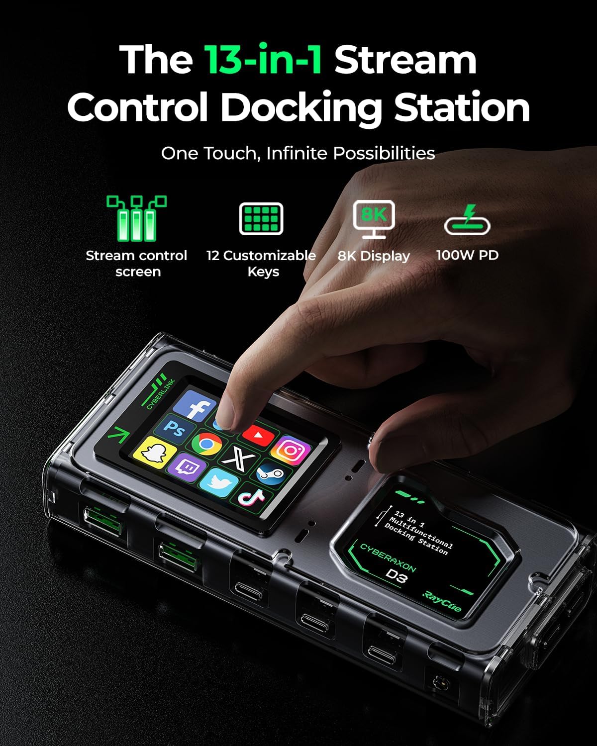 Cyberaxon - D3 13-In-1 Multifunctional Stream Control Dock - USB C Docking Station with 2.4" Touchscreen(12 Macro Keys), 3X HDMI (4K@60Hz), 100W PD, 10Gbps USB-C, Ethernet, for Mac/Windows/Ipad - Serious Techies