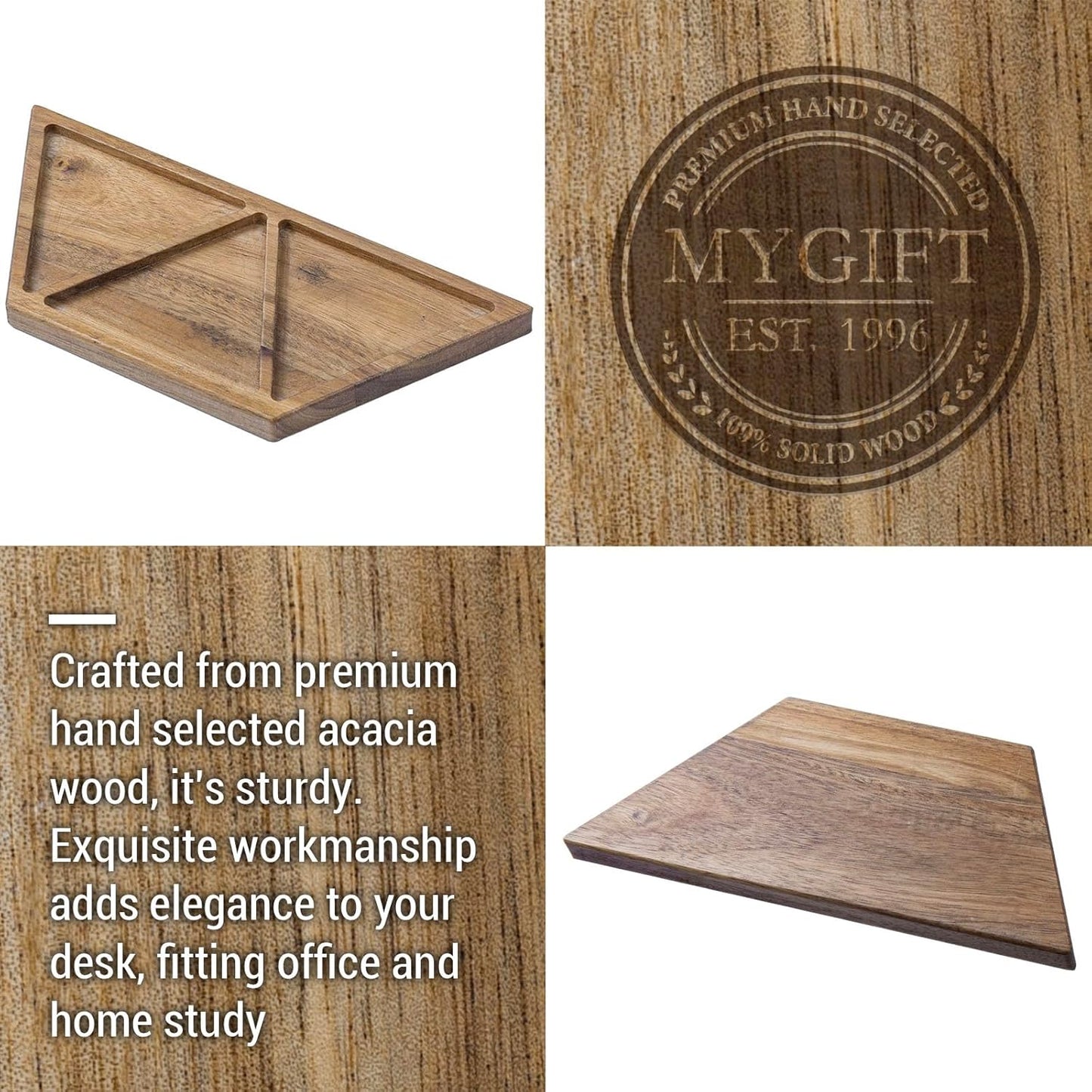MyGift - Modern Concrete Desk Organizer Set with 3 Triangular Gray-Tone Pen Holders and Acacia Wood Tray, 4-Piece Office Storage Solution for Pens, Pencils, and Supplies - Serious Techies