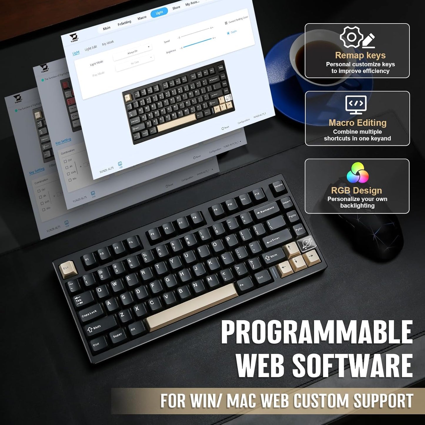 YUNZII - AL75 PRO 75% Wireless Mechanical Gaming Keyboard,Full Aluminum Cnc,Bt/2.4G/Wired,Pbt Keycaps,Gasket Mounted Hot Swap,Custom RGB Backlight, Programmable for Mac/Win (Black, Cocoa Cream V2) - Serious Techies