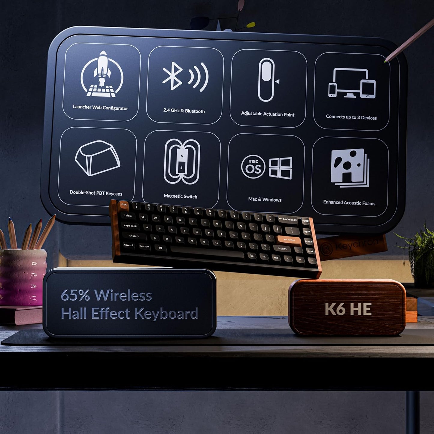 Keychron - K6 HE 65% Wireless Mechanical Keyboard, 2.4Ghz & Bluetooth, Gateron Double-Rail Magnetic Switch, Double-Shot PBT Keycaps, Aluminum & Wooden Frame, Compatible with Windows/Mac – Black - Serious Techies