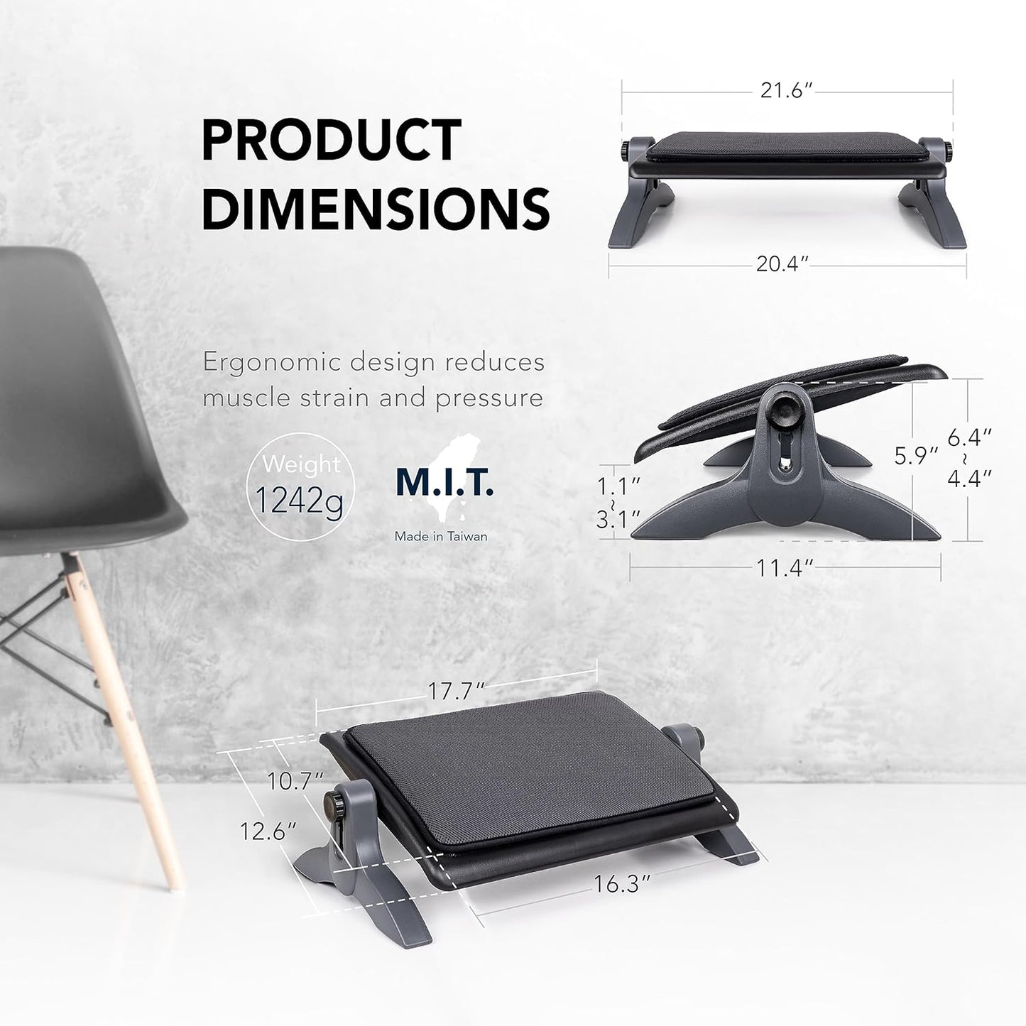 Ottoman, Ergonomic Foot Rest for under Desk, Adjustable Height and Angle, Sponge Platform, Anti-Slip, Ankle Support, Detachable Washable Cushion, Back and Leg Pain Relief, 21.6" L X 11.4" W, Black