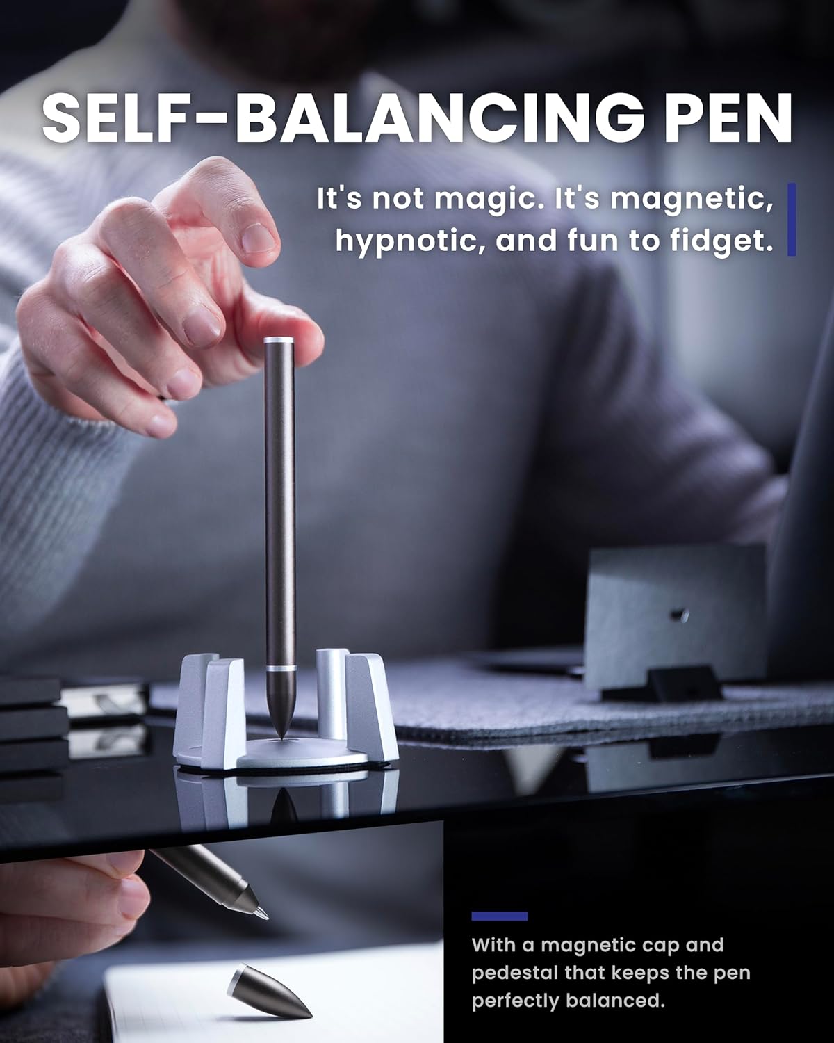novium - Hoverpen Luxury Pen for Men & Women, Vertically Standing Executive Ballpoint Pen with Top Grade Free-Flowing Ink Refill, Metal Made, Unique Gifts, Luxury Pen for Men, Mens Gifts Ideas - Serious Techies