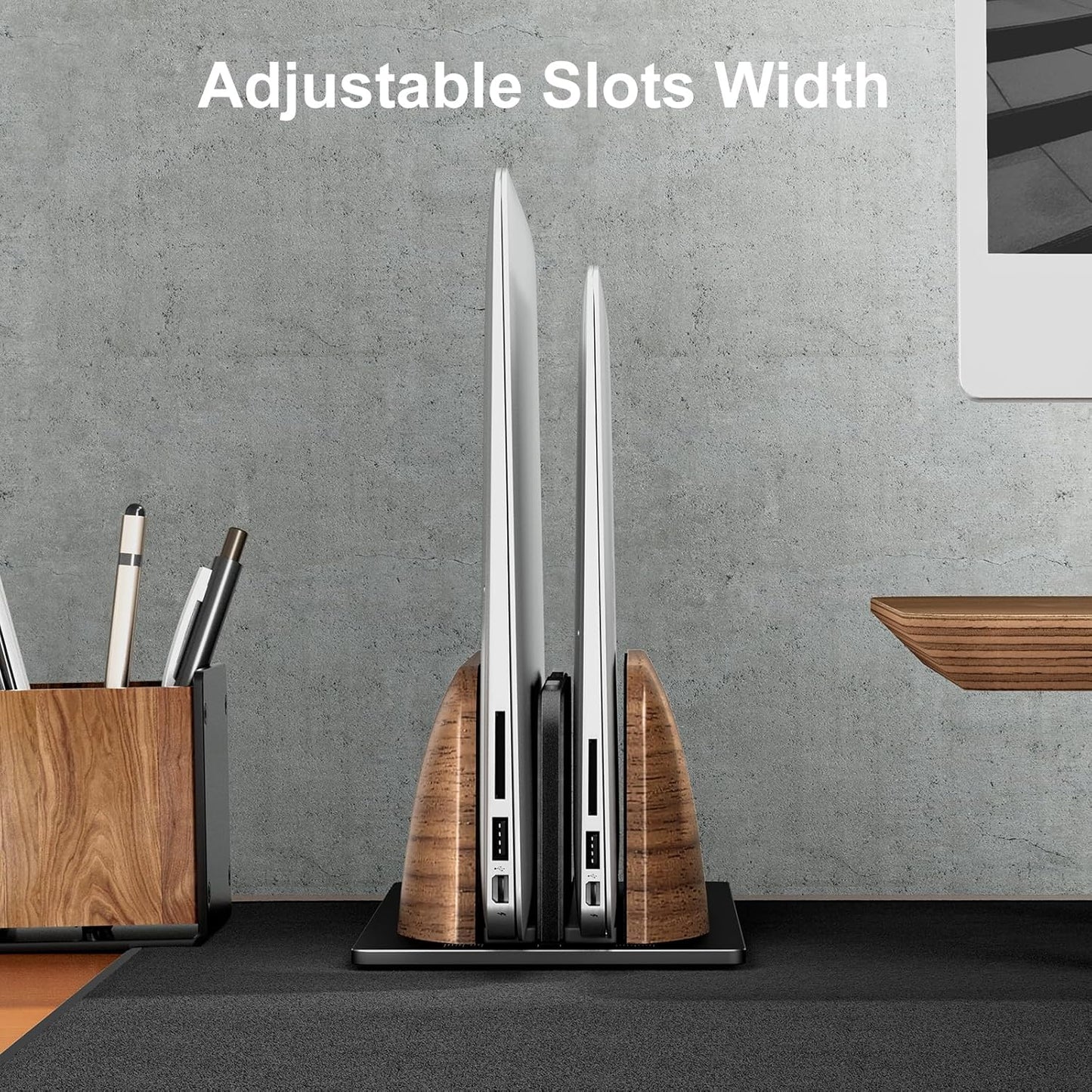 UPERGO - Vertical Laptop Stand, Dual Slot Wooden Laptop Holder Vertical for Desk, Width Adjustable Dock for Macbook Pro and Other Laptops - Serious Techies