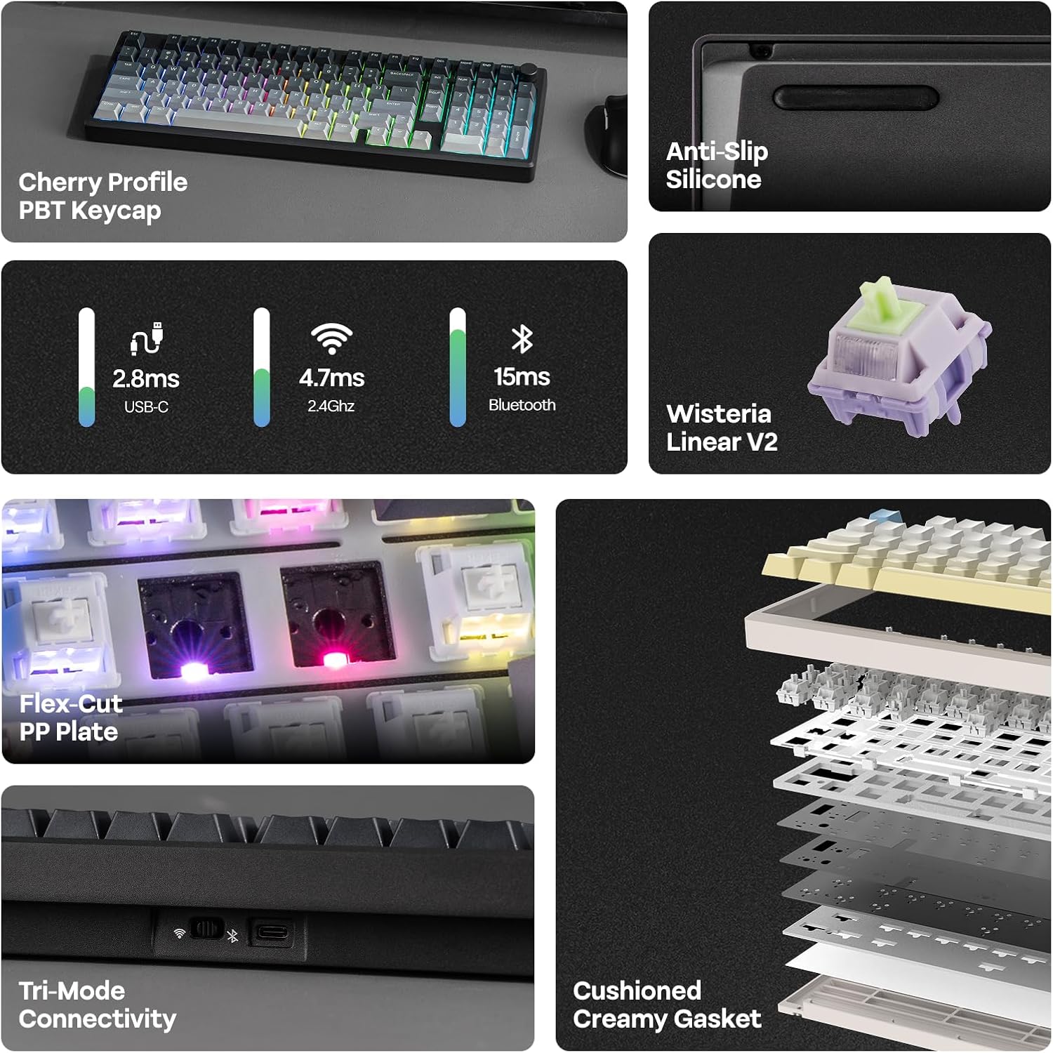 EPOMAKER - Galaxy100 Lite QMK/VIA Gaming Keyboard with 8000Mah Battery and Numpad, 1800 Aluminum Mechanical Keyboard, Usb-C/Bt/2.4Ghz, Hot-Swap, Creamy Sound (Black, Wisteria Linear Switch) - Serious Techies
