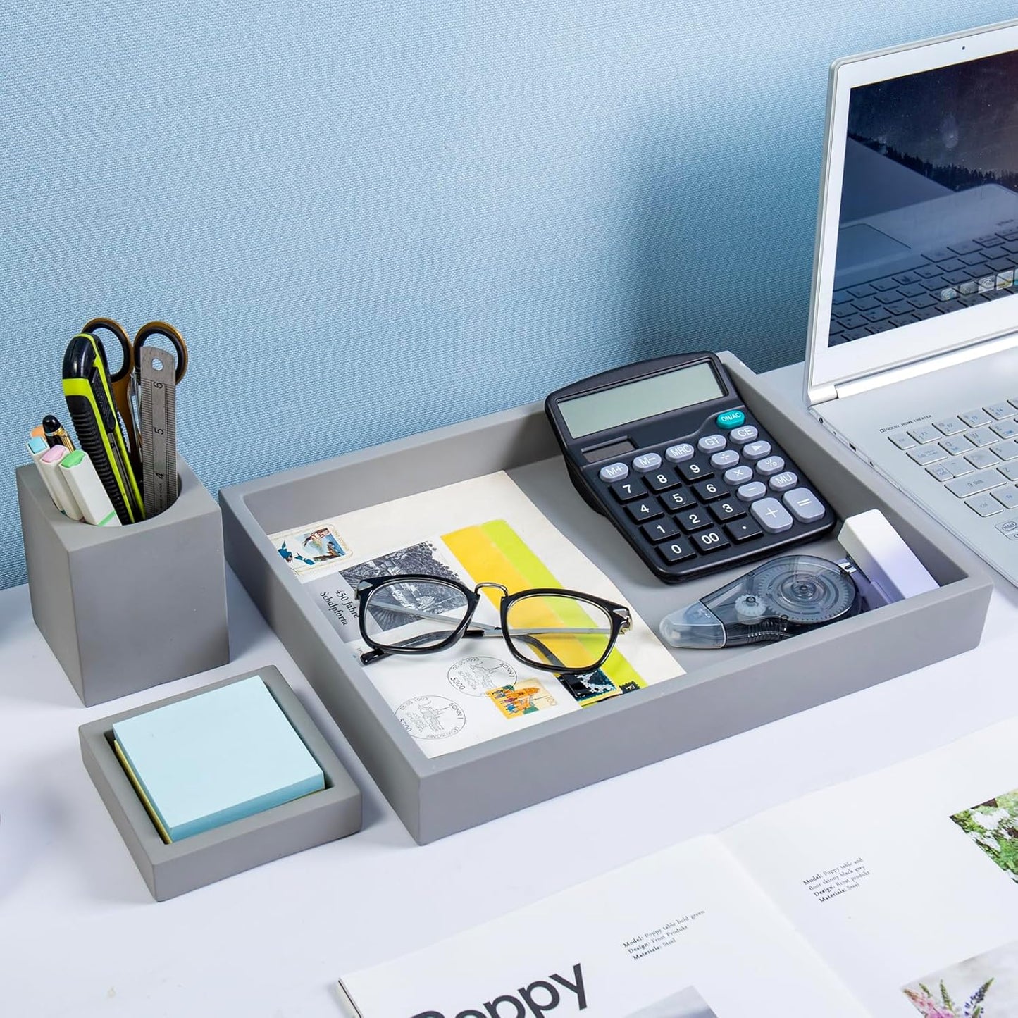MyGift - 3 Pcs Set Modern Gray Concrete Desk Organizer Trays, Desktop Office Paper Tray, Stationery Holder Pencil Cup, Sticky Note Pad Holder - Serious Techies