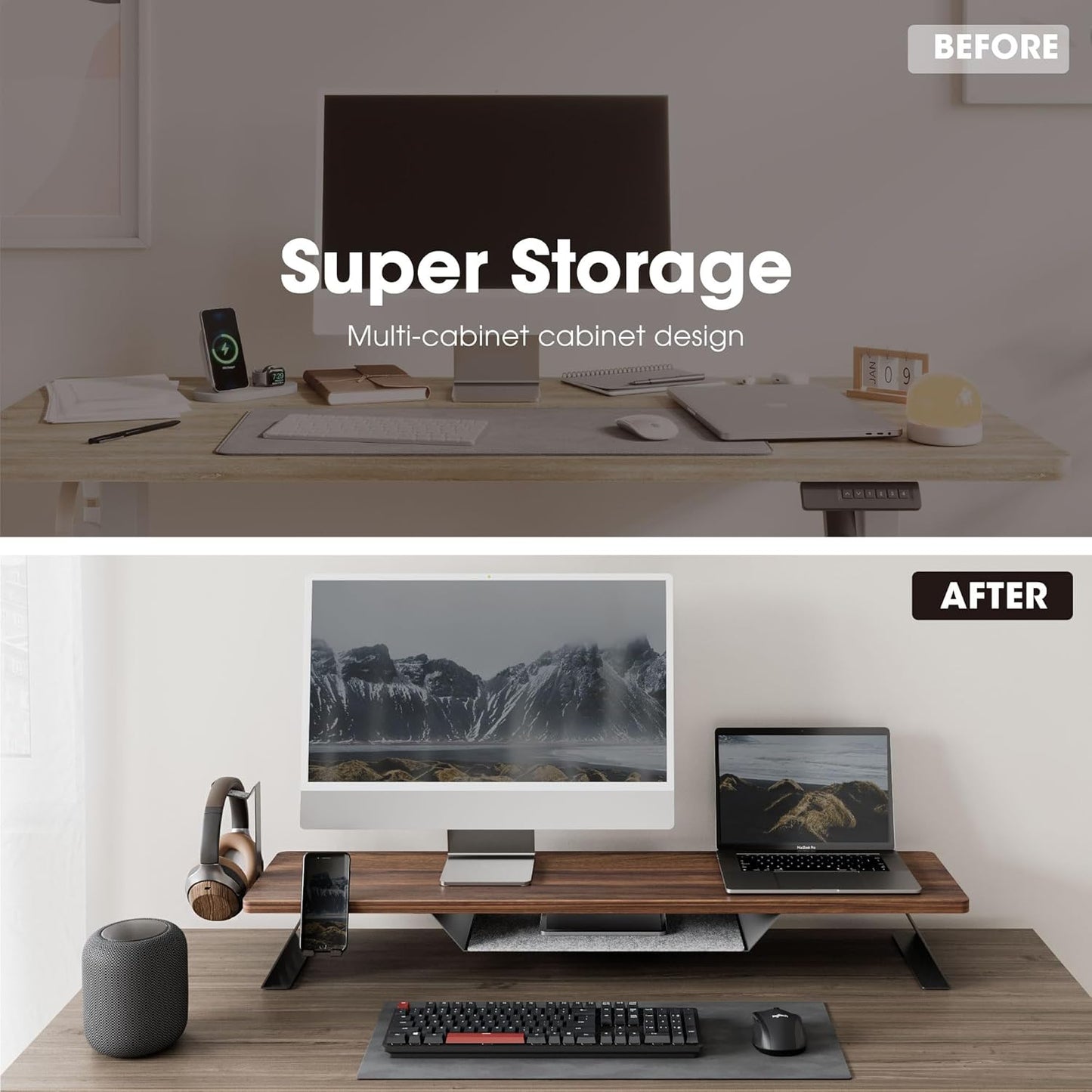 Dual Monitor Stand, 42.5 Inch Monitor Riser for Desk, Wood Desk Shelf for 2 Monitors, 2 Tier Monitor Shelf with Headphone Stand & Phone Holder