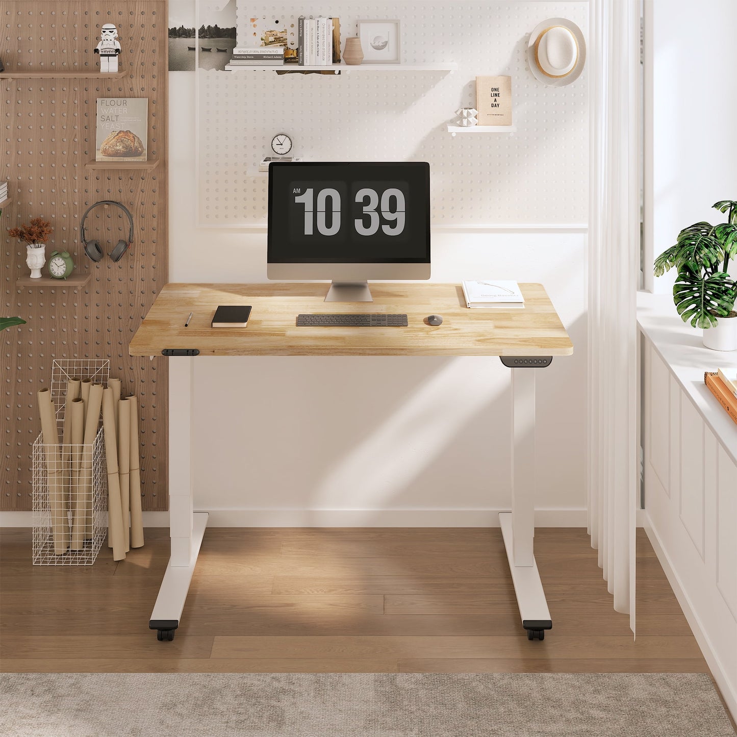FLEXISPOT - 48"X24" Dual Motors 3-Stage Standing Desk Solid Wood Home Office Height Adjustable Desk with Wheels, Solid Rubber Wood Desktop and White Frame - Serious Techies