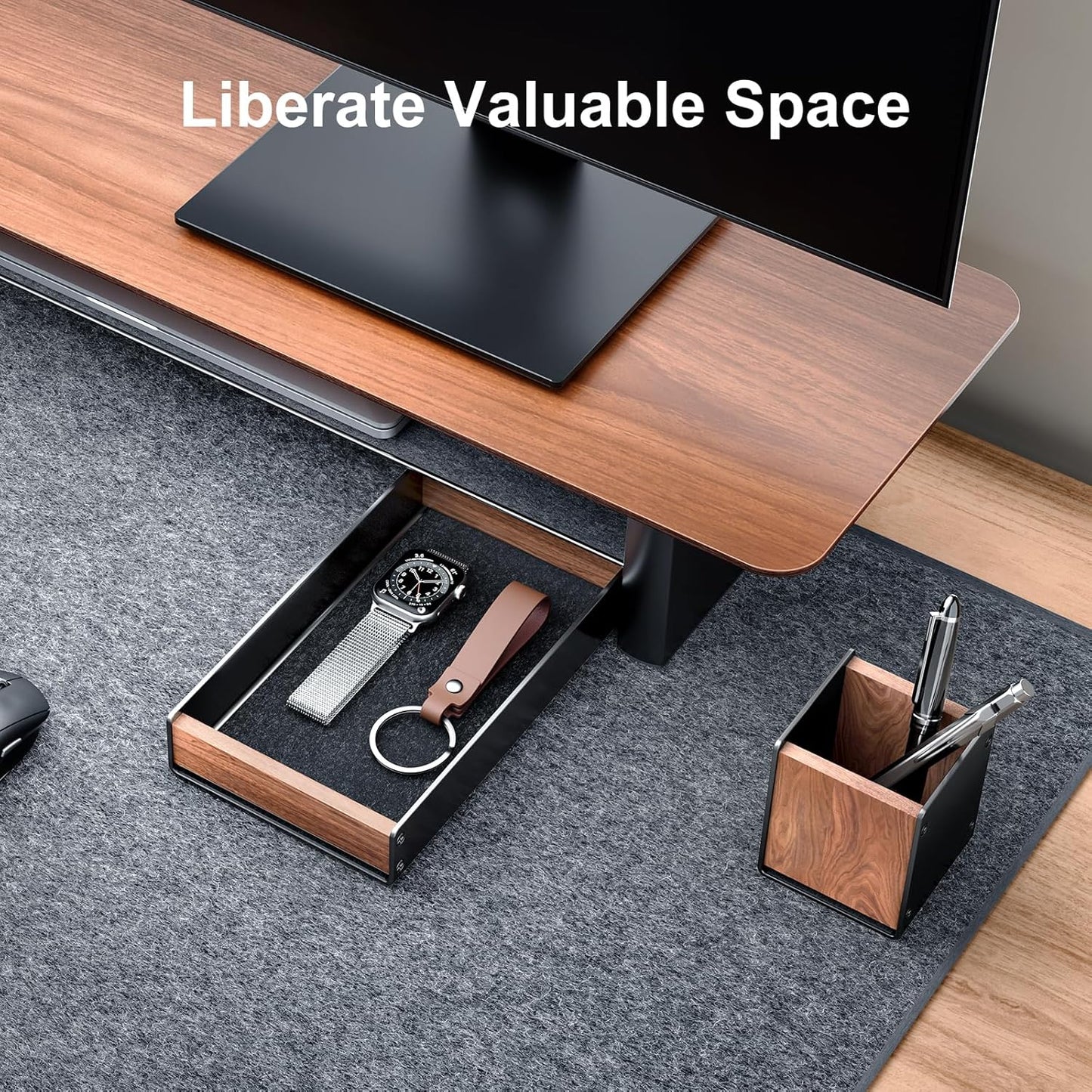 UPERGO - Walnut Desk Tray with Pen Holder Set, Natural Wooden Desk Drawer Organizer Office, Organizer Tray for Keys, Pen, Watch - Serious Techies