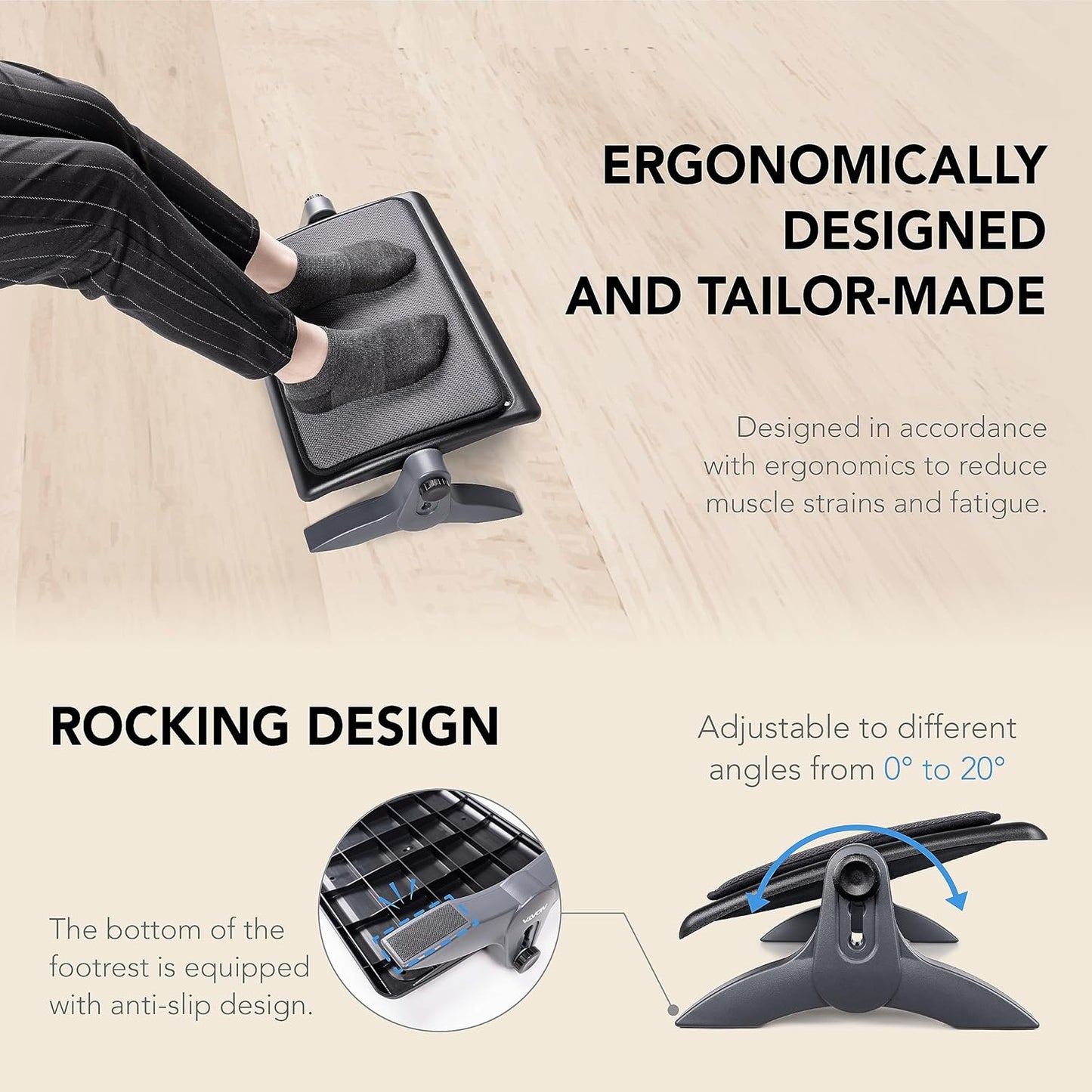 Ottoman, Ergonomic Foot Rest for under Desk, Adjustable Height and Angle, Sponge Platform, Anti-Slip, Ankle Support, Detachable Washable Cushion, Back and Leg Pain Relief, 21.6" L X 11.4" W, Black