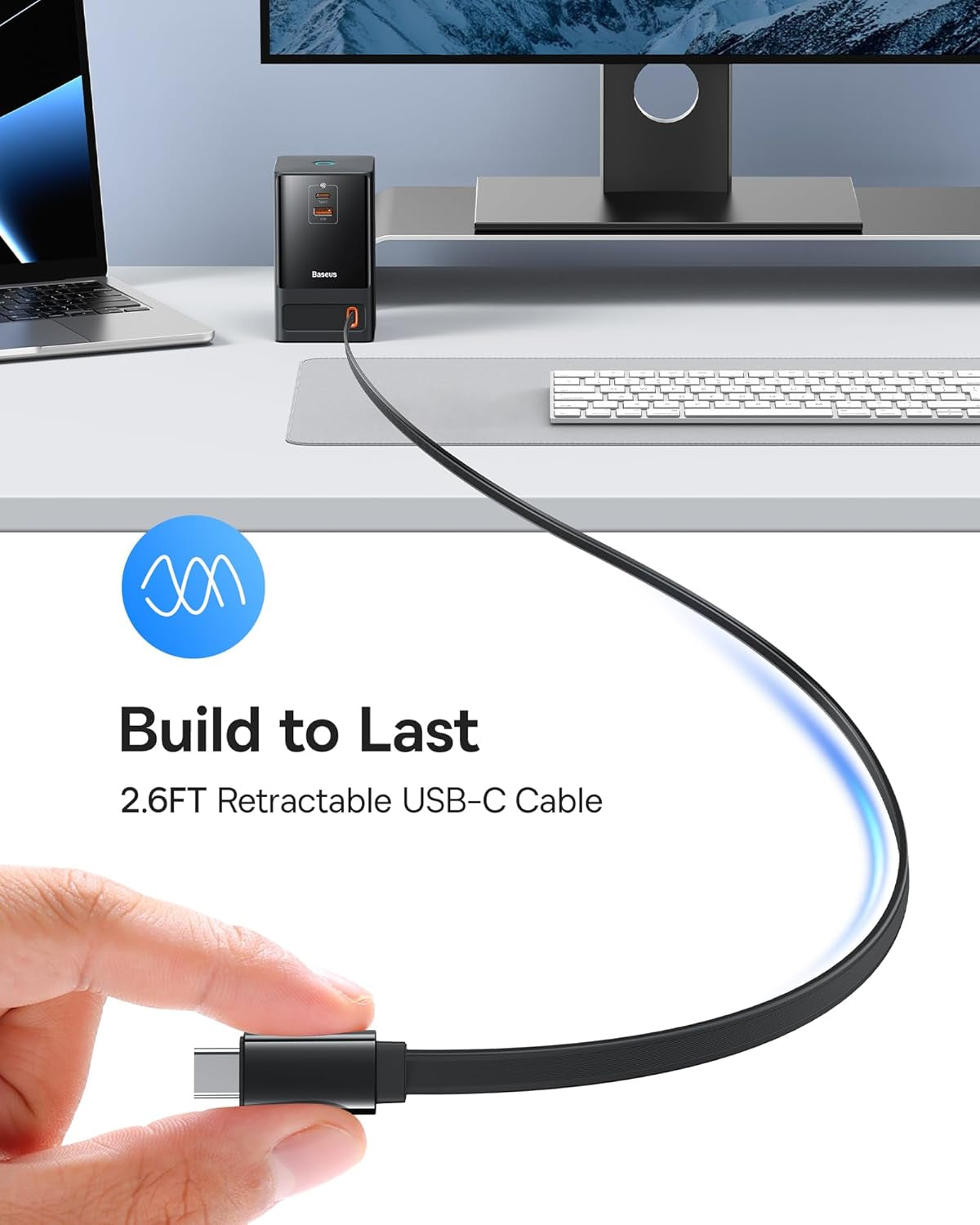 Baseus - 6-In-1 65W Charging Station with Retractable USB-C Cable, Power Combo USB C Power Strip for Multiple Devices, Fast Charger for Iphone, Macbook, Samsung, PS5 for Home/Office/Dorm/Travel - Serious Techies