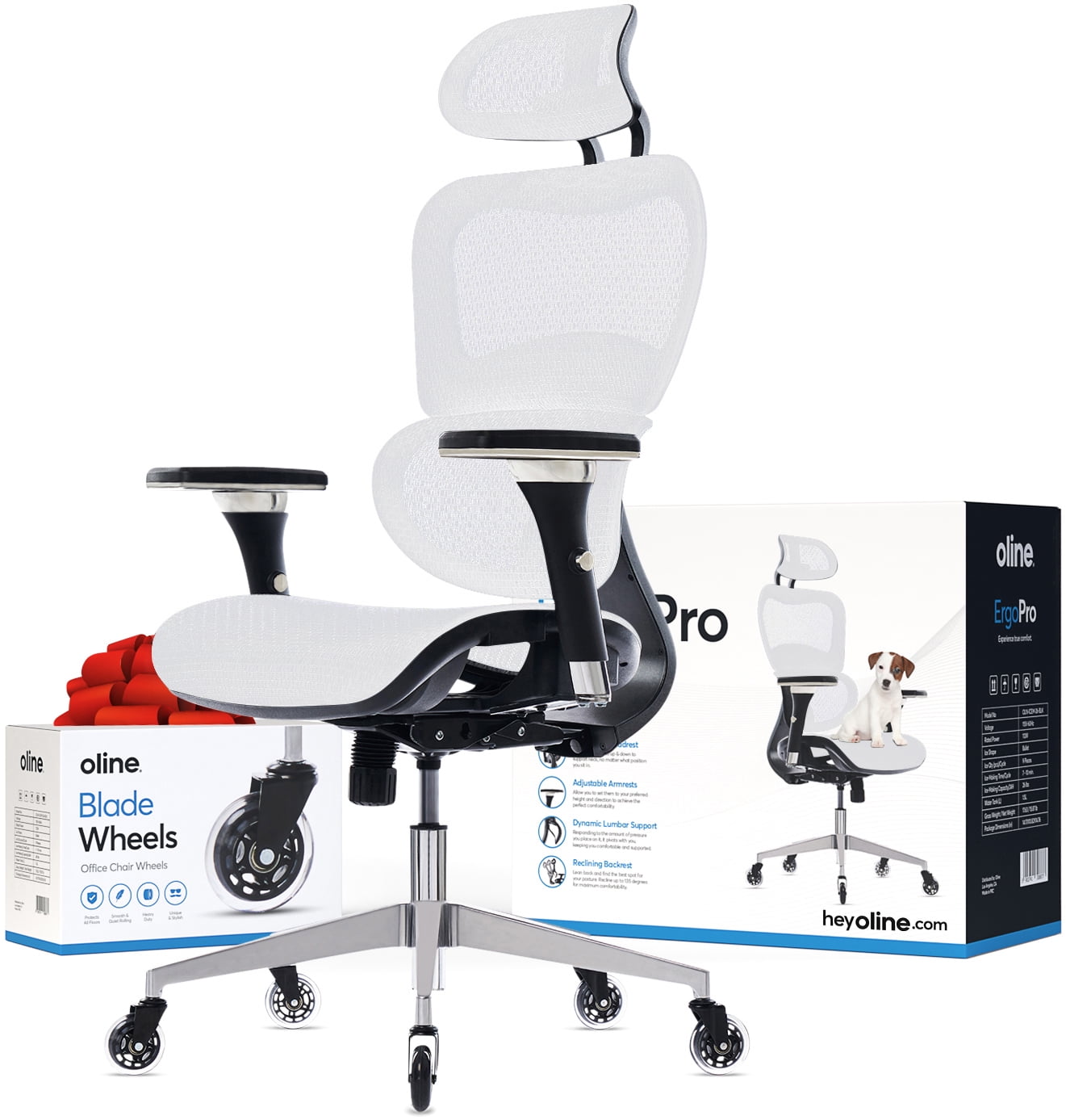 Oline - ErgoPro Ergonomic Office Chair - Rolling Desk Chair with 4D Adjustable Armrest, 3D Lumbar Support and Blade Wheels - Mesh Computer Chair, Gaming Chairs, Executive Swivel Chair (White) - Serious Techies
