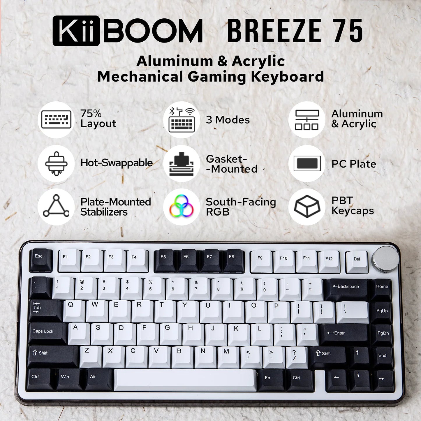 Kiiboom - Breeze 75 Aluminum & Acrylic Hot Swappable Type-C Wired/Bluetooth/2.4Ghz Wireless Mechanical Keyboard for Win/Mac - Serious Techies