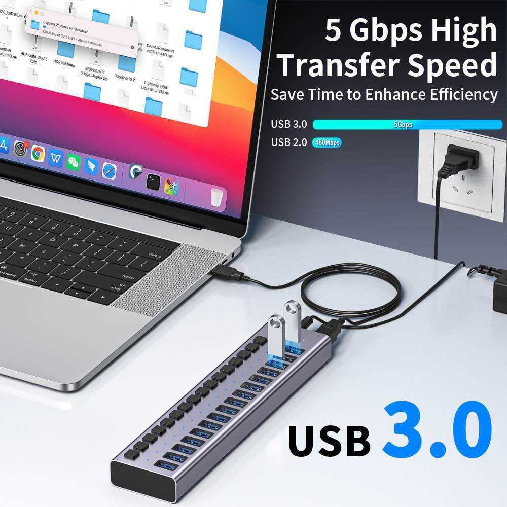 ACASIS - 16 Ports 90W USB 3.0 Data Port, Aluminum Housing, Individual On/Off Switches, 12V/7.5A Power Adapter, 5Gbps High Speed, USB 3.0 Hub for Laptop, PC, Computer - Serious Techies