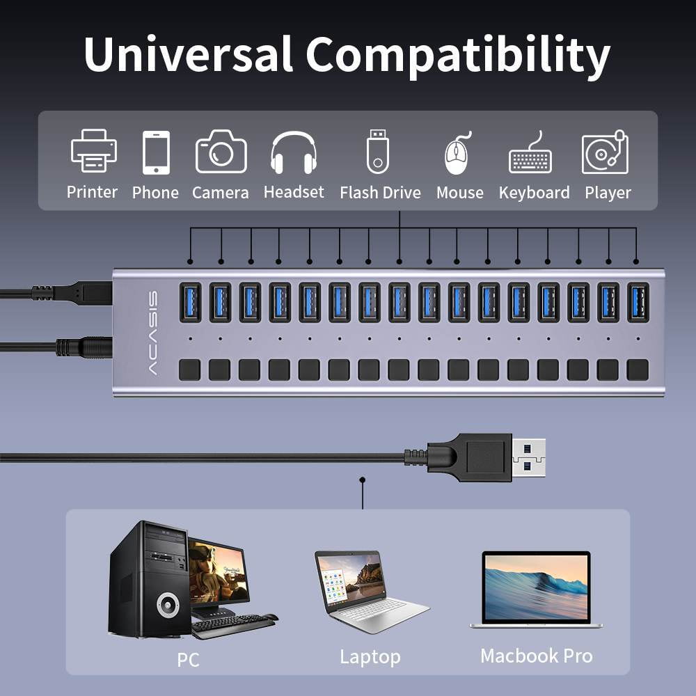 ACASIS - 16 Ports 90W USB 3.0 Data Port, Aluminum Housing, Individual On/Off Switches, 12V/7.5A Power Adapter, 5Gbps High Speed, USB 3.0 Hub for Laptop, PC, Computer - Serious Techies