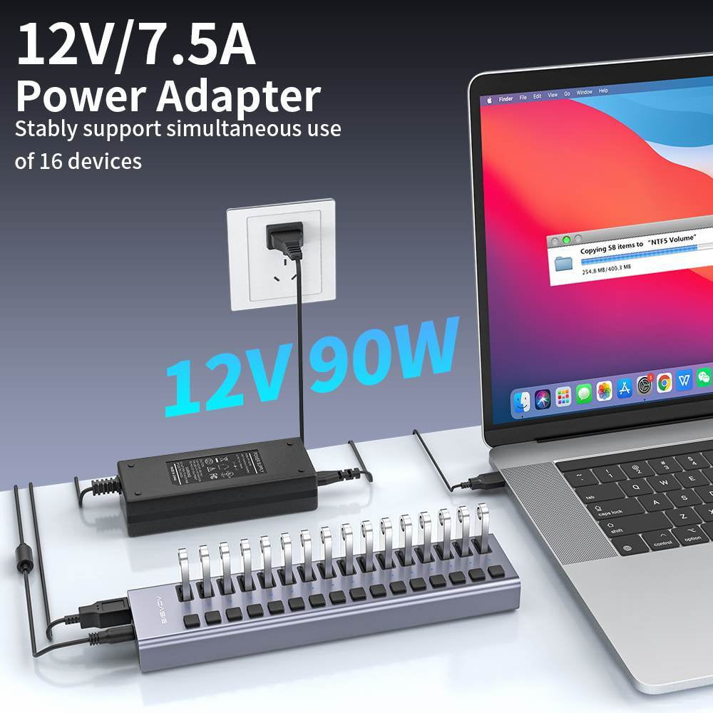 ACASIS - 16 Ports 90W USB 3.0 Data Port, Aluminum Housing, Individual On/Off Switches, 12V/7.5A Power Adapter, 5Gbps High Speed, USB 3.0 Hub for Laptop, PC, Computer - Serious Techies