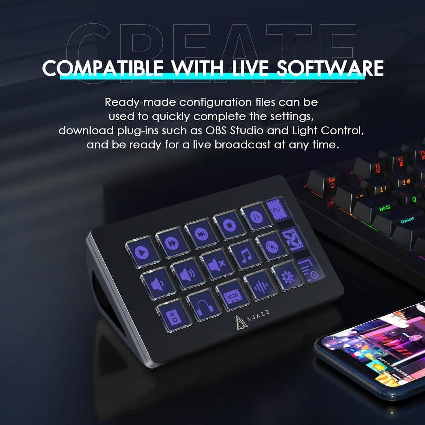 AJAZZ - AKP153E Studio Deck Stream Controller - 15 Macro Keys, Pc/Mac Compatible for OBS, Twitch, Youtube, Photo/Video Editing (White) - Serious Techies