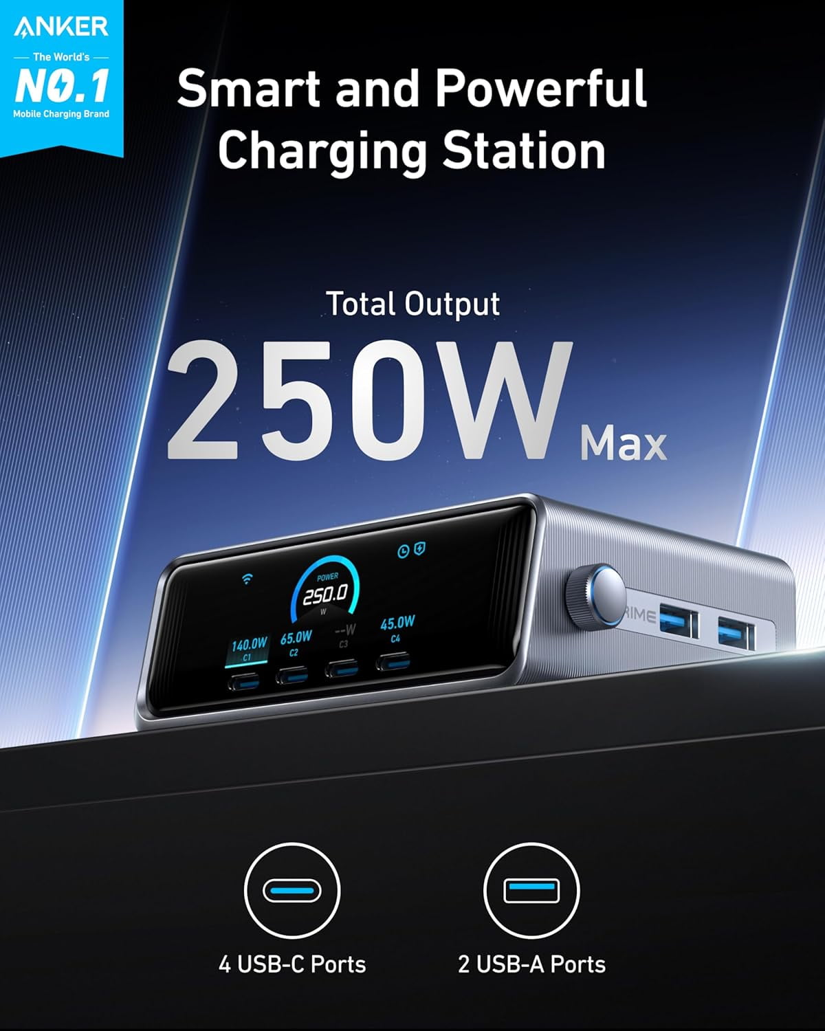 Anker - Prime Charger, 250W Gan Prime USB C Charging Station, Ultra-Fast 6-Port, 2.26" LCD Display and Smart Control Dial - Serious Techies