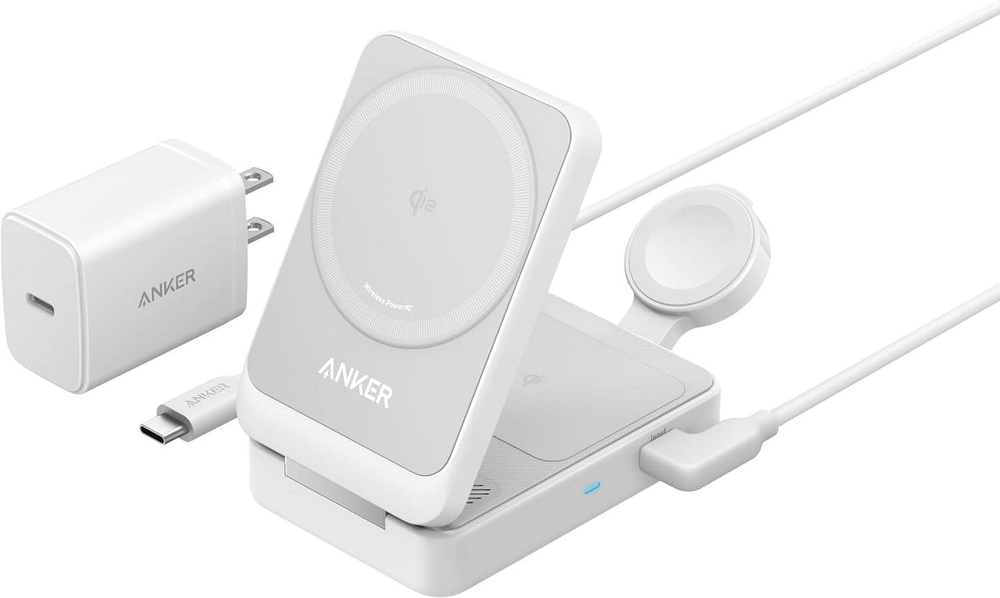 Anker MagGo 3-In-1 Qi2 Certified 15W Magsafe-Compatible Wireless Charger Stand, White - Serious Techies