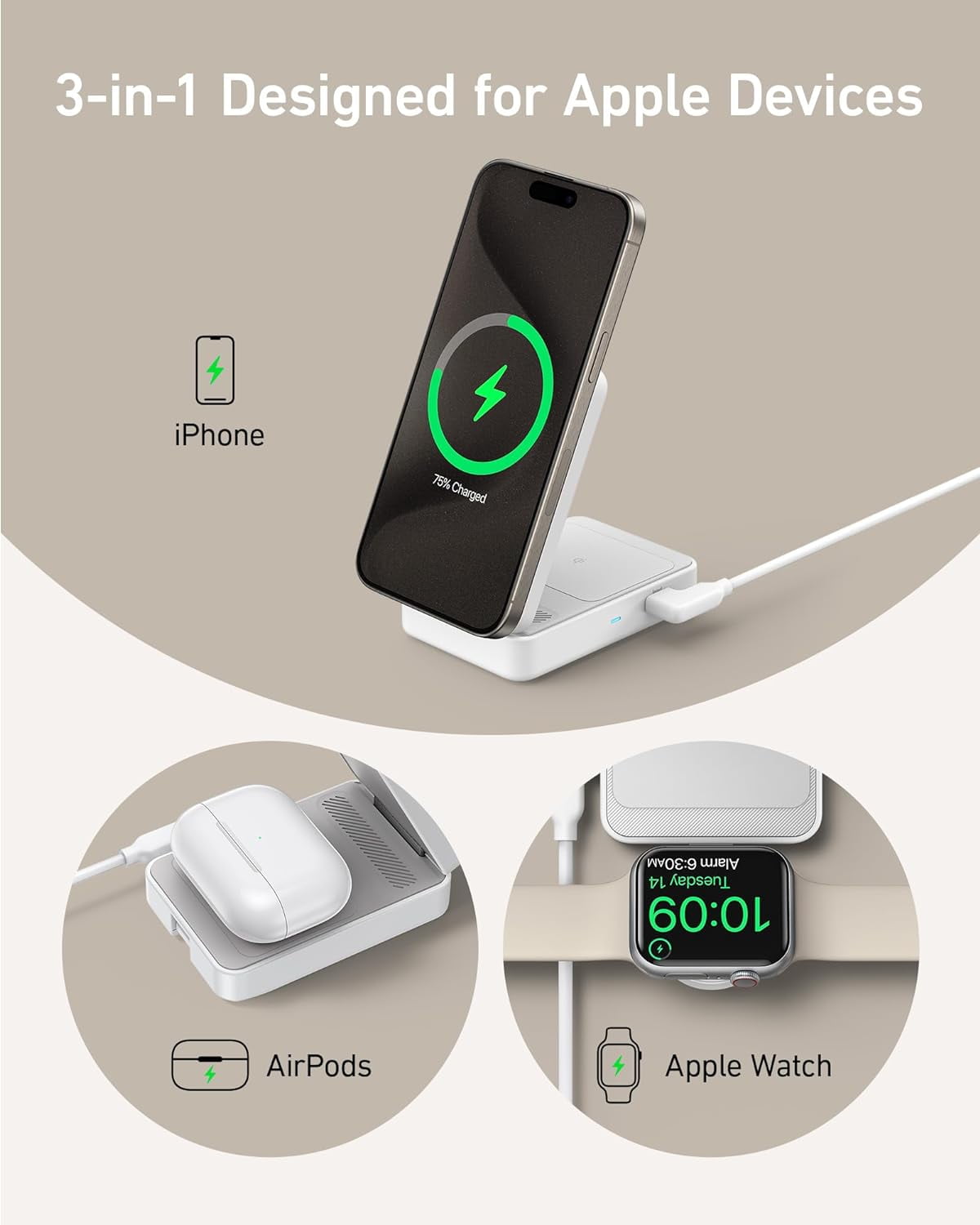Anker MagGo 3-In-1 Qi2 Certified 15W Magsafe-Compatible Wireless Charger Stand, White - Serious Techies