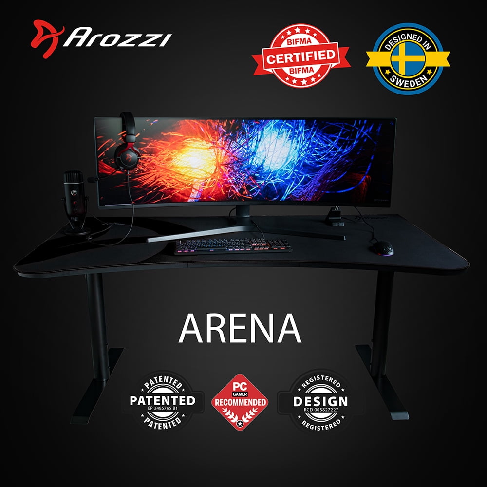 Arozzi - Arena Ultrawide Curved Gaming and Office Desk with Full Surface Water Resistant Desk Mat Custom Monitor Mount Cable Management Cut Outs under the Desk Cable Management Netting - Dark Grey - Serious Techies