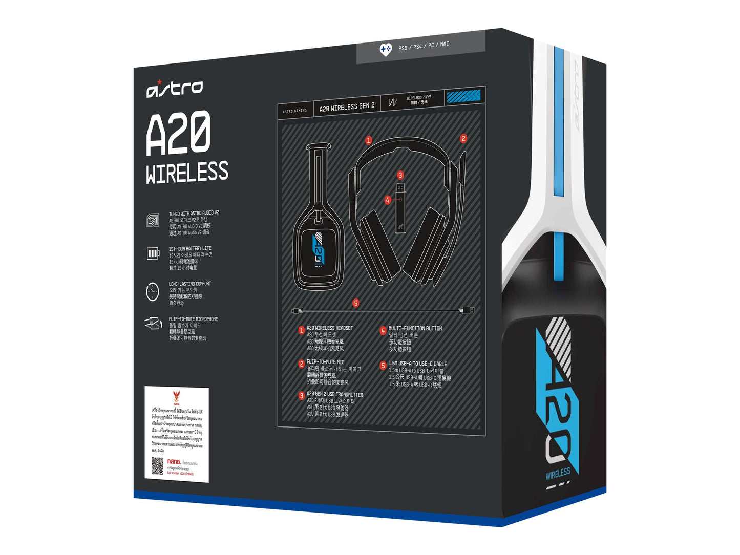 ASTRO - Gaming A20 Wireless Headset Gen 2 for Playstation 5, Playstation 4, PC & Mac - White/Blue - Serious Techies