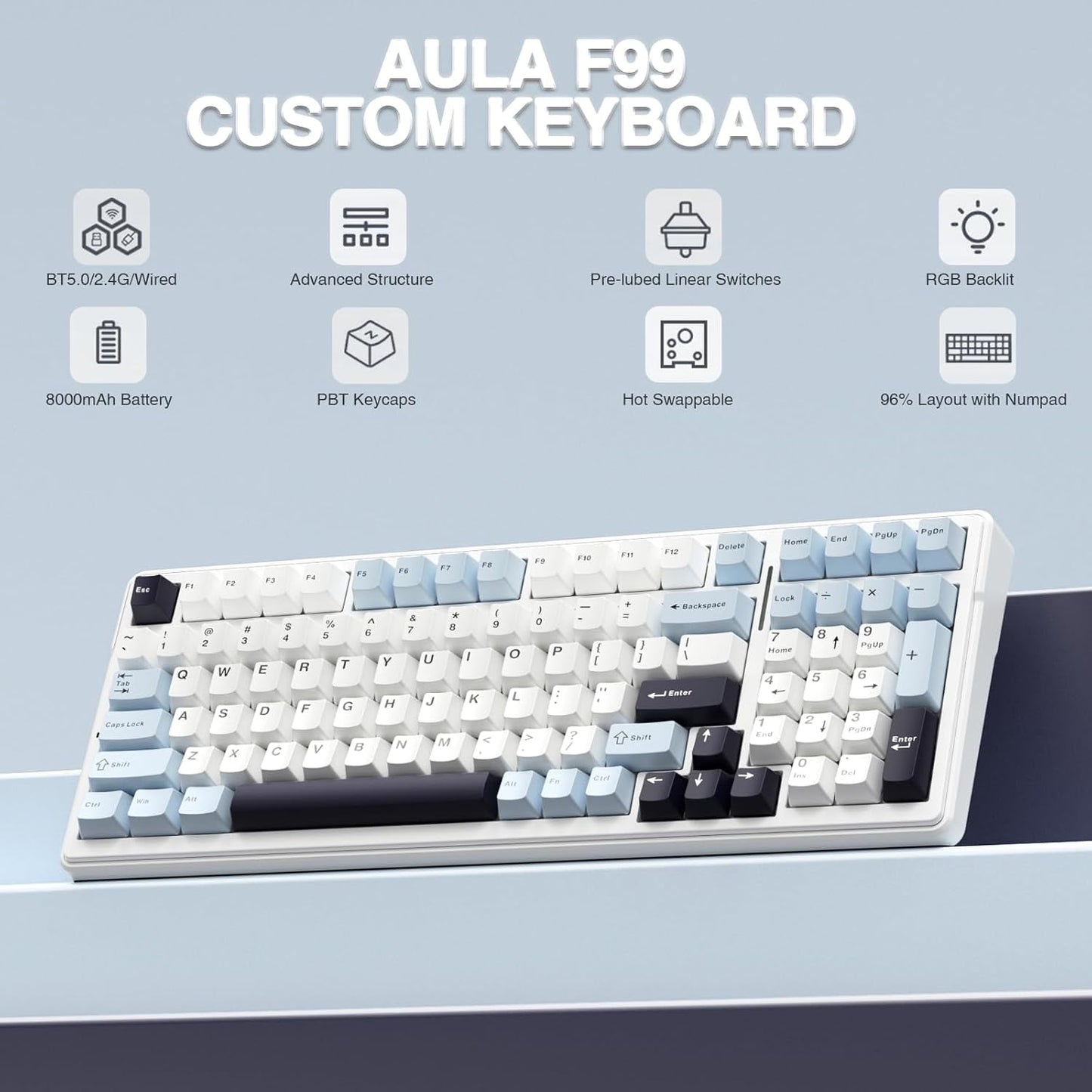 AULA - F99 WIRELESS MECHANICAL KEYBOARD, 96% LAYOUT, HOT SWAPPABLE with PRE-LUBED LINEAR SWITCHES, TRI-MODE CONNECTIVITY, RGB BACKLIT, GASKET STRUCTURE (BLUE & WHITE) - Serious Techies