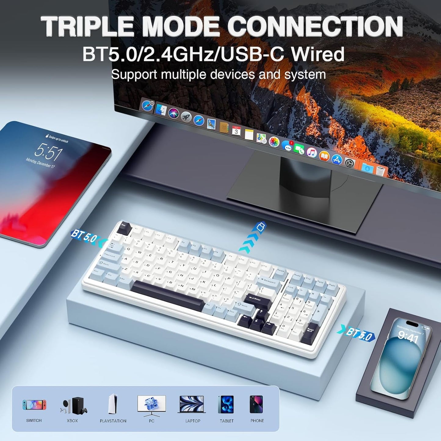 AULA - F99 WIRELESS MECHANICAL KEYBOARD, 96% LAYOUT, HOT SWAPPABLE with PRE-LUBED LINEAR SWITCHES, TRI-MODE CONNECTIVITY, RGB BACKLIT, GASKET STRUCTURE (BLUE & WHITE) - Serious Techies