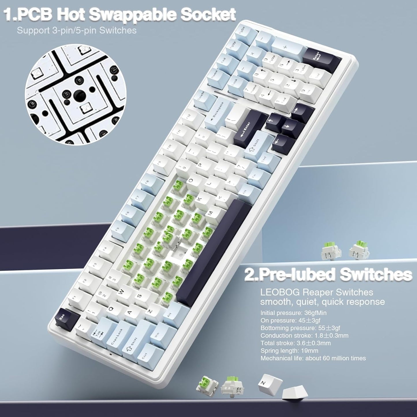 AULA - F99 WIRELESS MECHANICAL KEYBOARD, 96% LAYOUT, HOT SWAPPABLE with PRE-LUBED LINEAR SWITCHES, TRI-MODE CONNECTIVITY, RGB BACKLIT, GASKET STRUCTURE (BLUE & WHITE) - Serious Techies