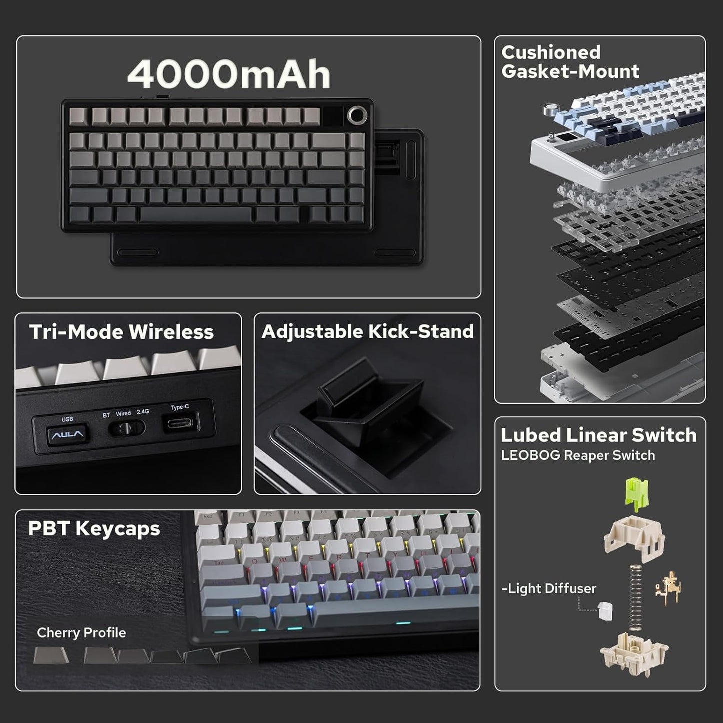 AULA - F75 Max Wireless Mechanical Keyboard with TFT Smart Screen, Tri-Mode Connectivity, Hot Swappable, RGB Backlit, Volume Knob, 75% Gasket Mount (Black Gradient) - Serious Techies