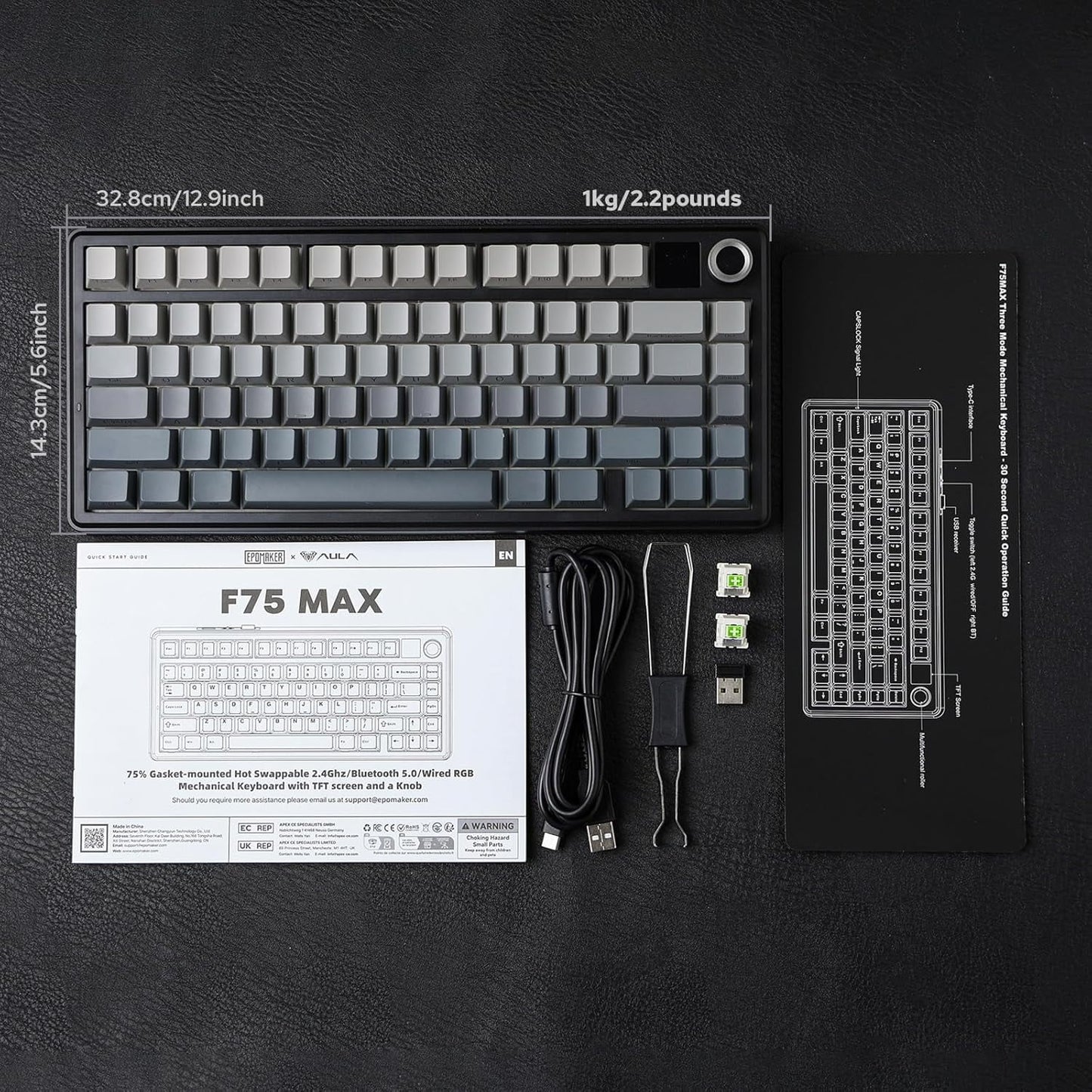 AULA - F75 Max Wireless Mechanical Keyboard with TFT Smart Screen, Tri-Mode Connectivity, Hot Swappable, RGB Backlit, Volume Knob, 75% Gasket Mount (Black Gradient) - Serious Techies