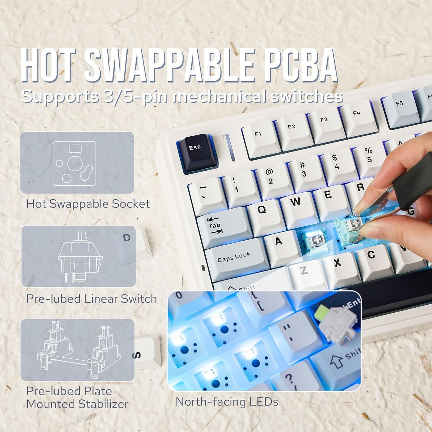 AULA - F75 75% Wireless Mechanical Gaming Keyboard, Hot Swappable, RGB Backlit, Bluetooth/2.4Ghz/Usb-C, Knob Control, Light Blue - Serious Techies