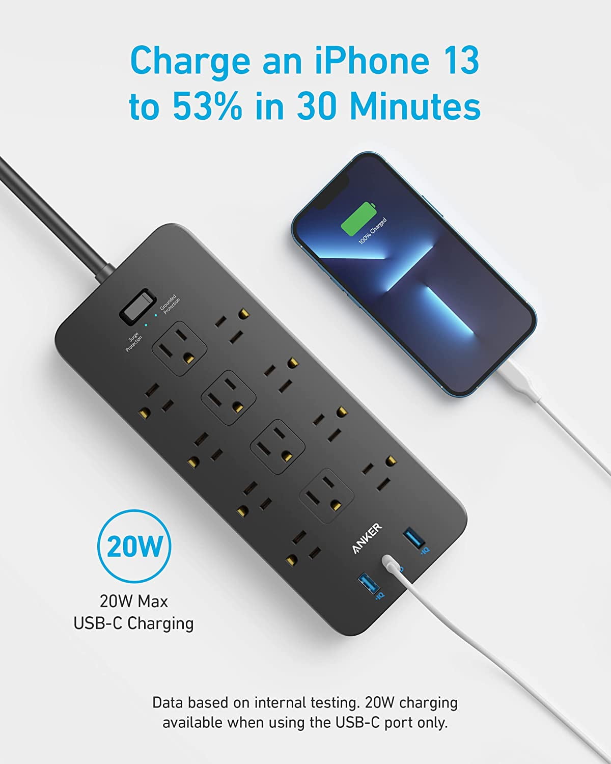 Anker - Surge Protector Power Strip (2100J), 12 Outlets with 1 USB C and 2 USB Ports for Iphone - Serious Techies