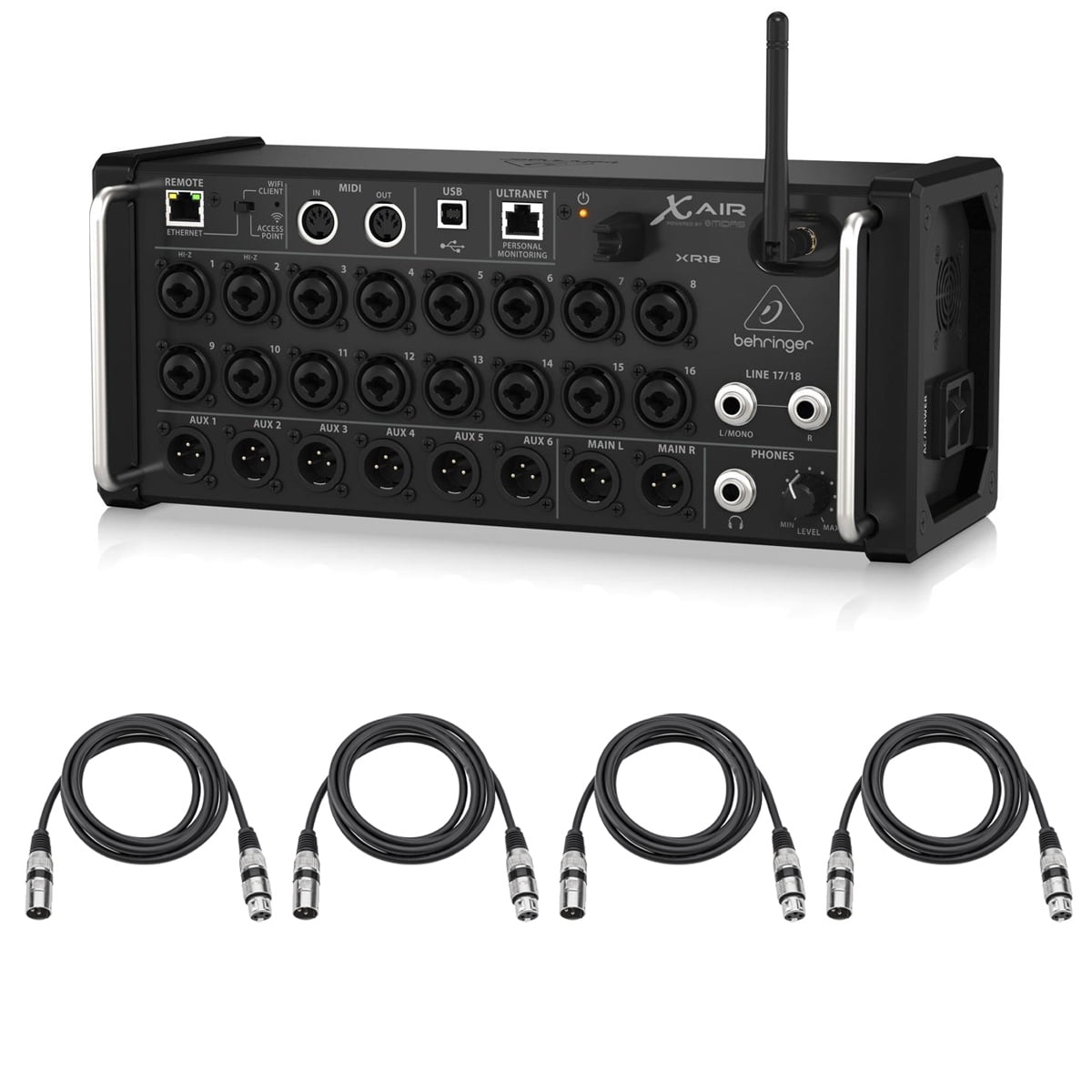 Behringer - Air XR18 18-Channel 12-Bus Portable Digital Mixer for Ipad or Android Tablet, with Integrated Wi-Fi, 16 Midas-Designed Preamps, - with 4 Pack 15' XLR (M) to XLR (F) Microphone - Serious Techies