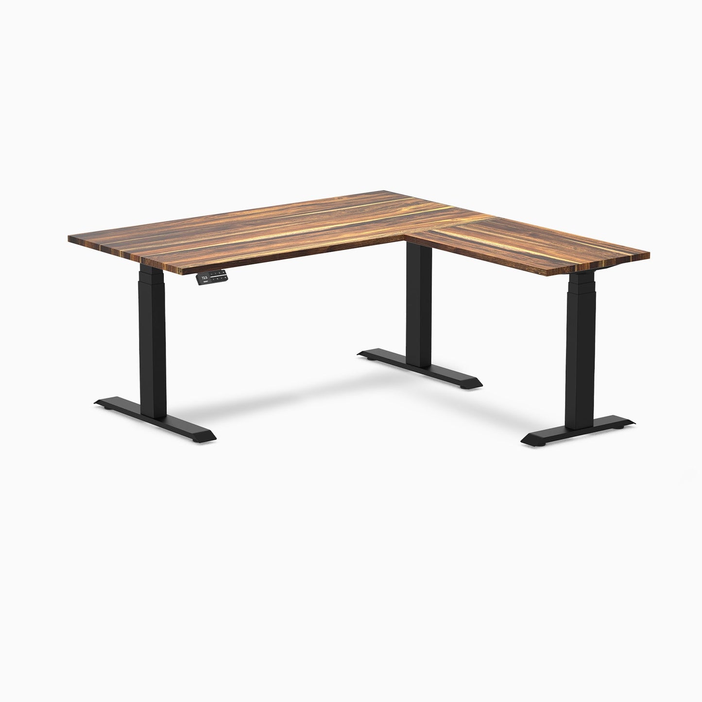 Desky - Hardwood L-Shape Sit Stand Desk - Pheasant wood / 60 X 30 X 62 X 20 Inches / Matte Black - Serious Techies