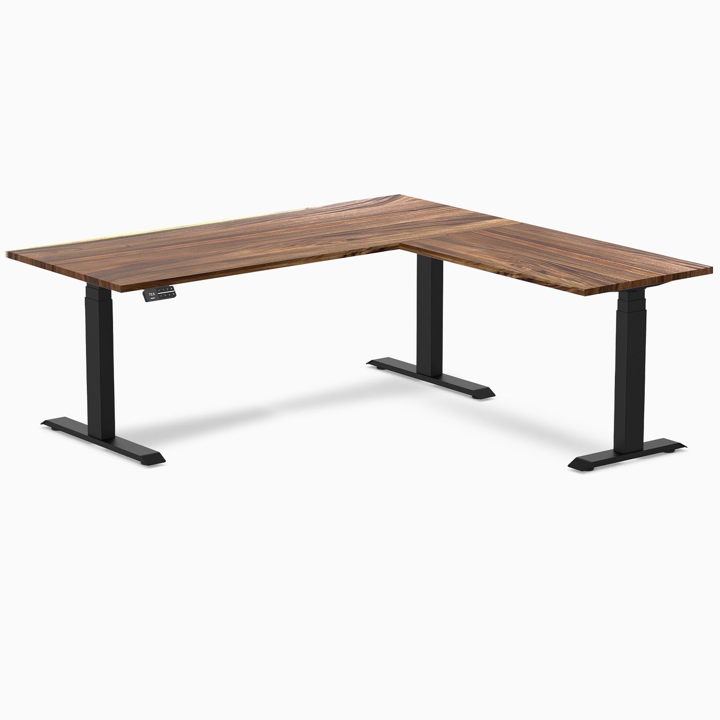Desky - Hardwood L-Shape Sit Stand Desk - Pheasant wood / 60 X 30 X 62 X 20 Inches / Matte Black - Serious Techies