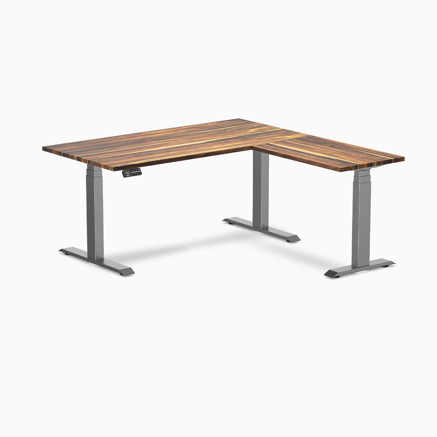 Desky - Hardwood L-Shape Sit Stand Desk - Pheasant wood / 60 X 30 X 62 X 20 Inches / Matte Black - Serious Techies