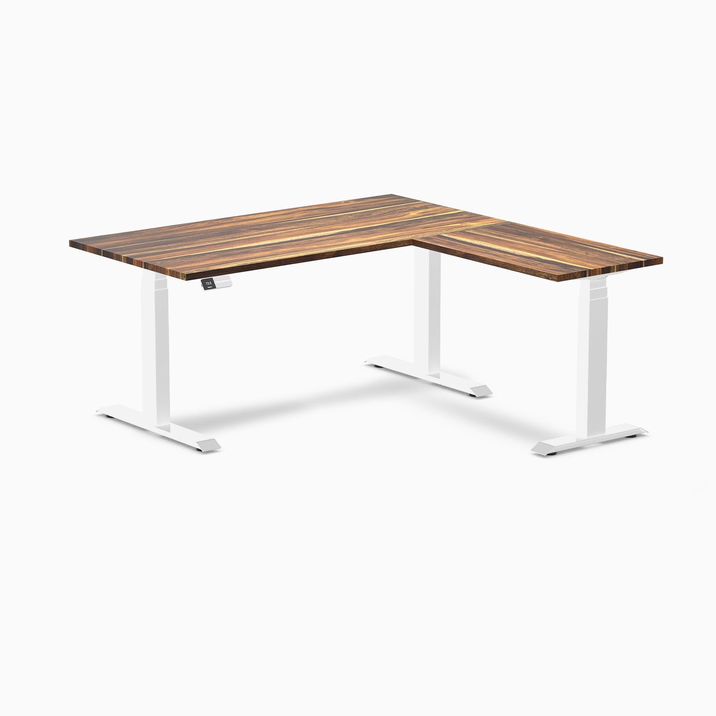 Desky - Hardwood L-Shape Sit Stand Desk - Pheasant wood / 60 X 30 X 62 X 20 Inches / Matte Black - Serious Techies
