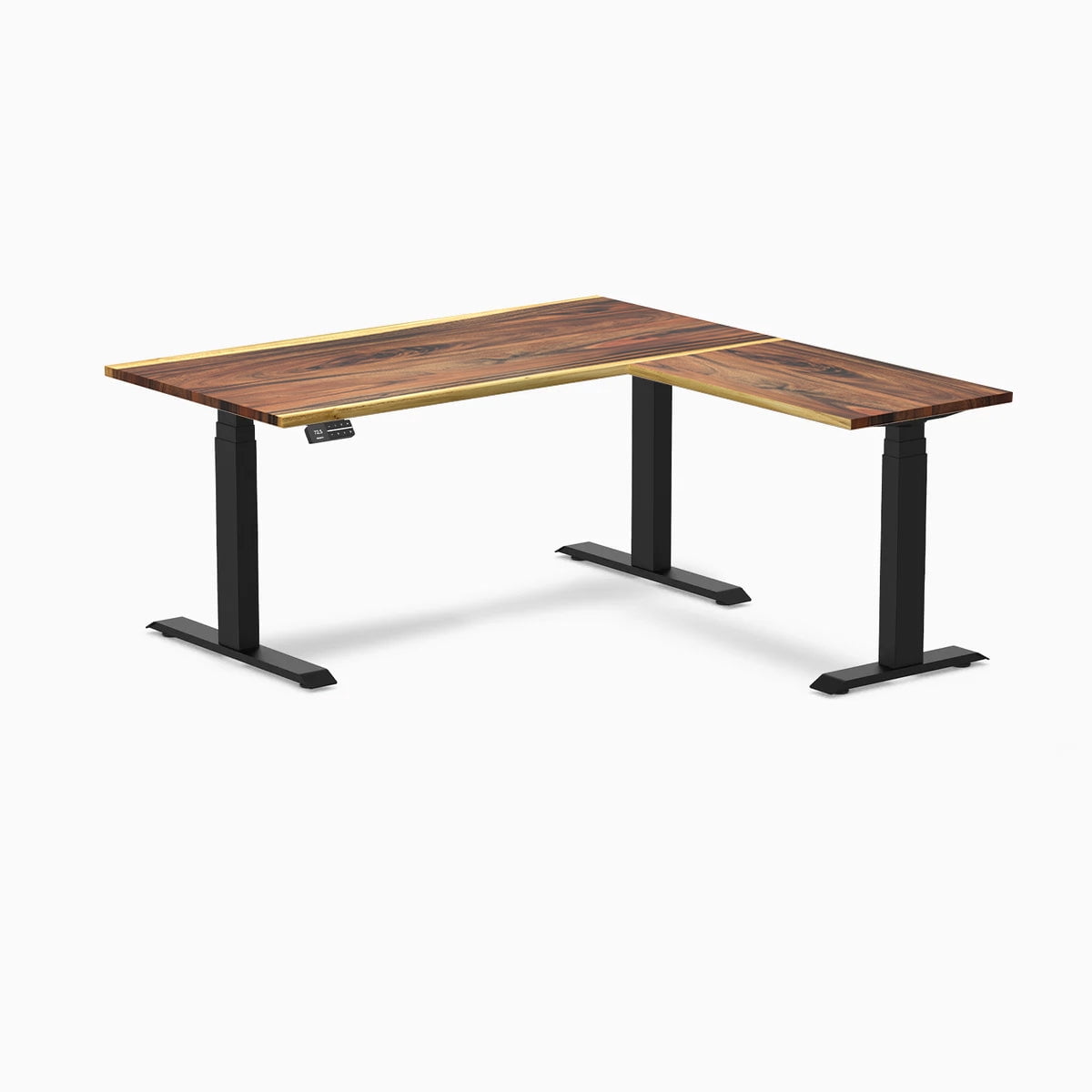 Desky - Hardwood L-Shape Sit Stand Desk - Pheasant wood / 60 X 30 X 62 X 20 Inches / Matte Black - Serious Techies