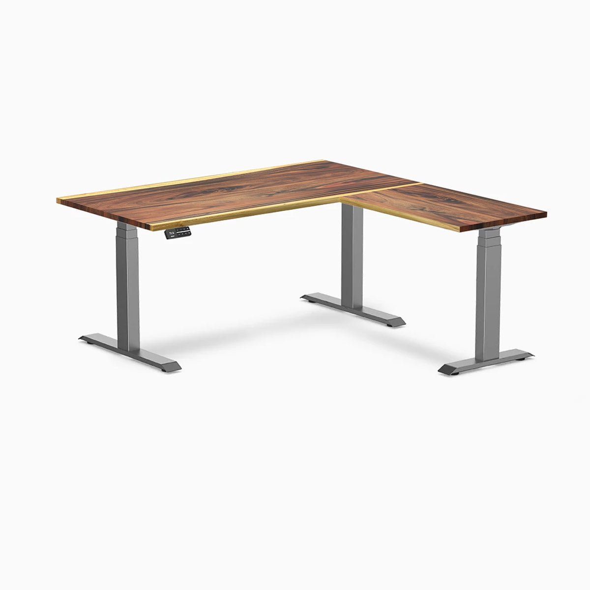 Desky - Hardwood L-Shape Sit Stand Desk - Pheasant wood / 60 X 30 X 62 X 20 Inches / Matte Black - Serious Techies