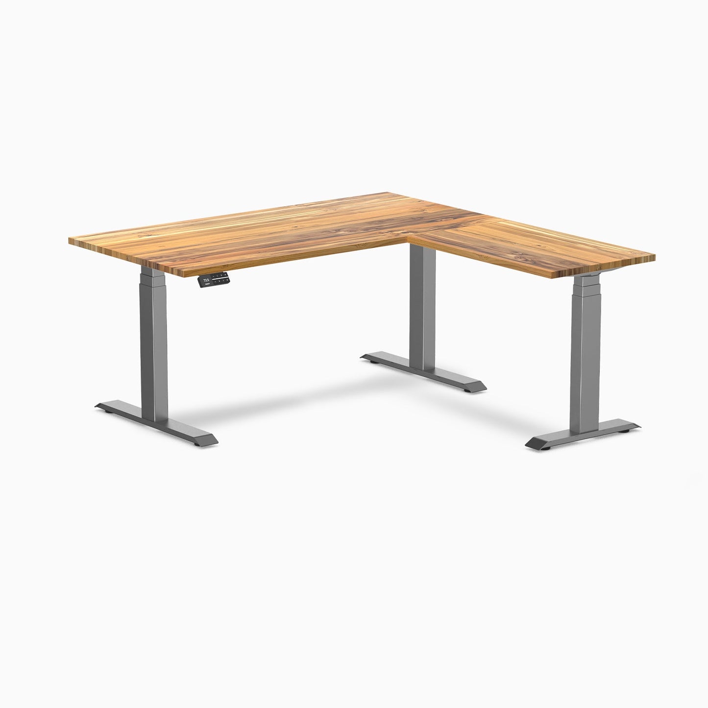 Desky - Hardwood L-Shape Sit Stand Desk - Pheasant wood / 60 X 30 X 62 X 20 Inches / Matte Black - Serious Techies