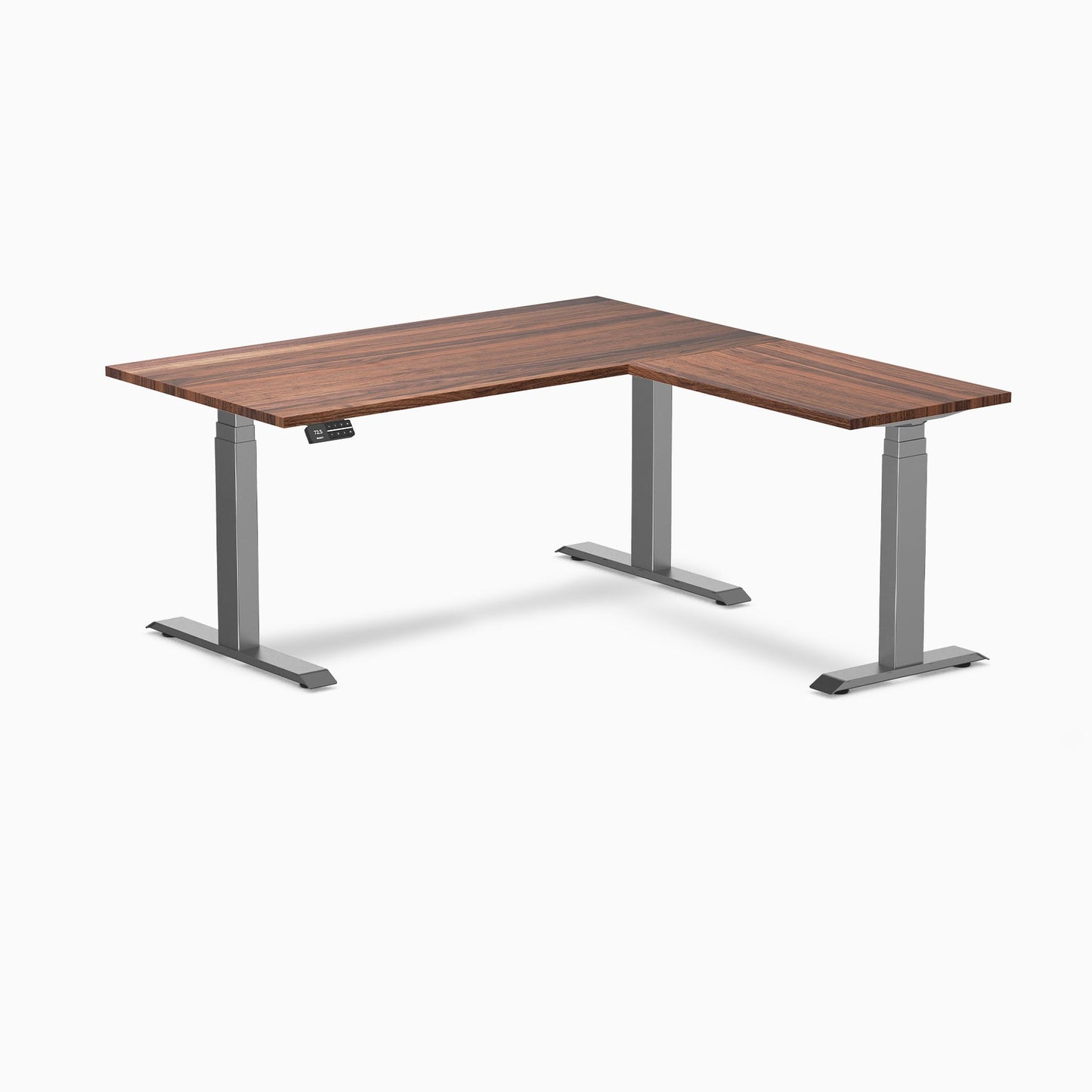 Desky - Hardwood L-Shape Sit Stand Desk - Pheasant wood / 60 X 30 X 62 X 20 Inches / Matte Black - Serious Techies