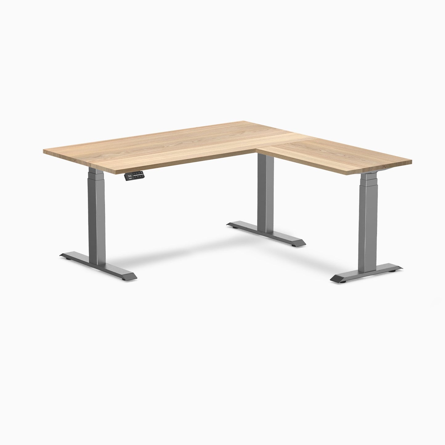 Desky - Hardwood L-Shape Sit Stand Desk - Pheasant wood / 60 X 30 X 62 X 20 Inches / Matte Black - Serious Techies