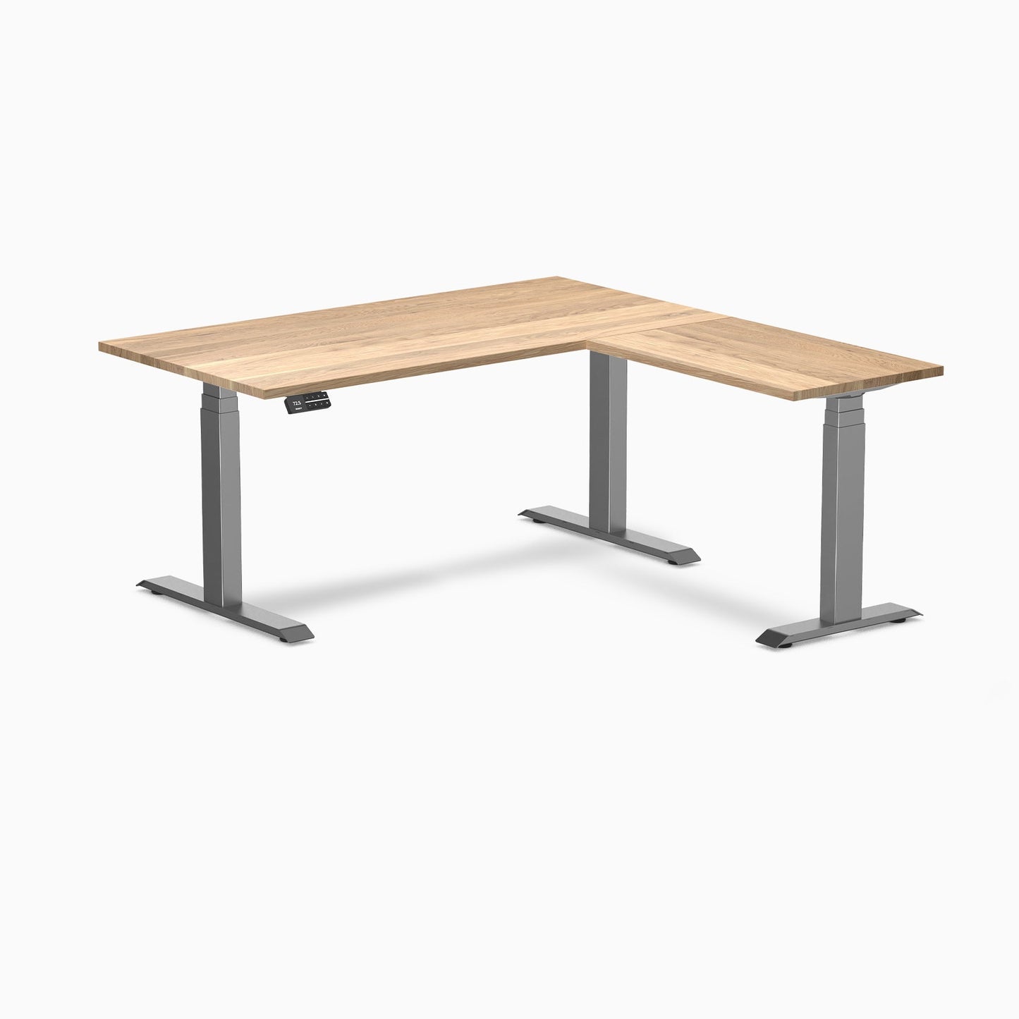 Desky - Hardwood L-Shape Sit Stand Desk - Pheasant wood / 60 X 30 X 62 X 20 Inches / Matte Black - Serious Techies