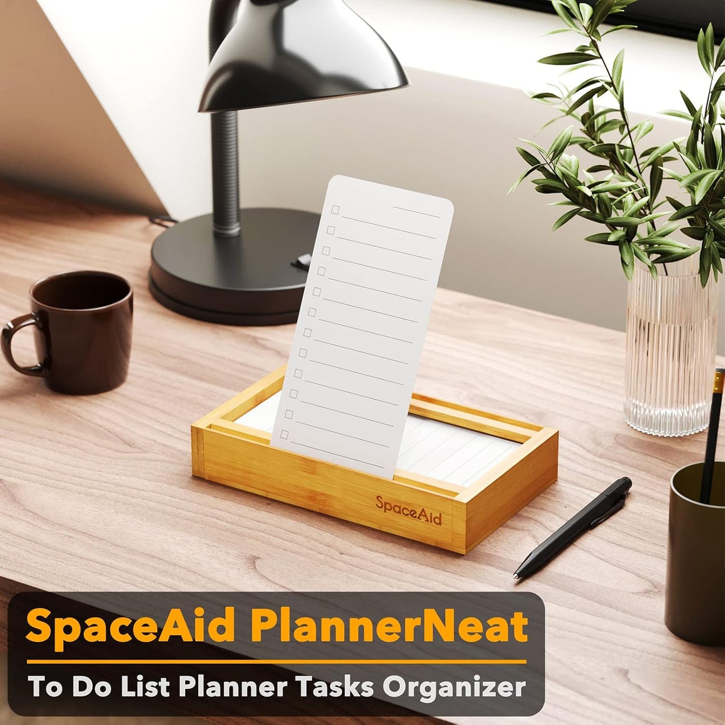 SpaceAid - PlannerNeat to Do List Planner, Daily Todo Checklist Notepad Organizer with Bamboo Holder, Productivity System Planners Notebook for Office Work Supplies (Bamboo, 50 Cards) - Serious Techies