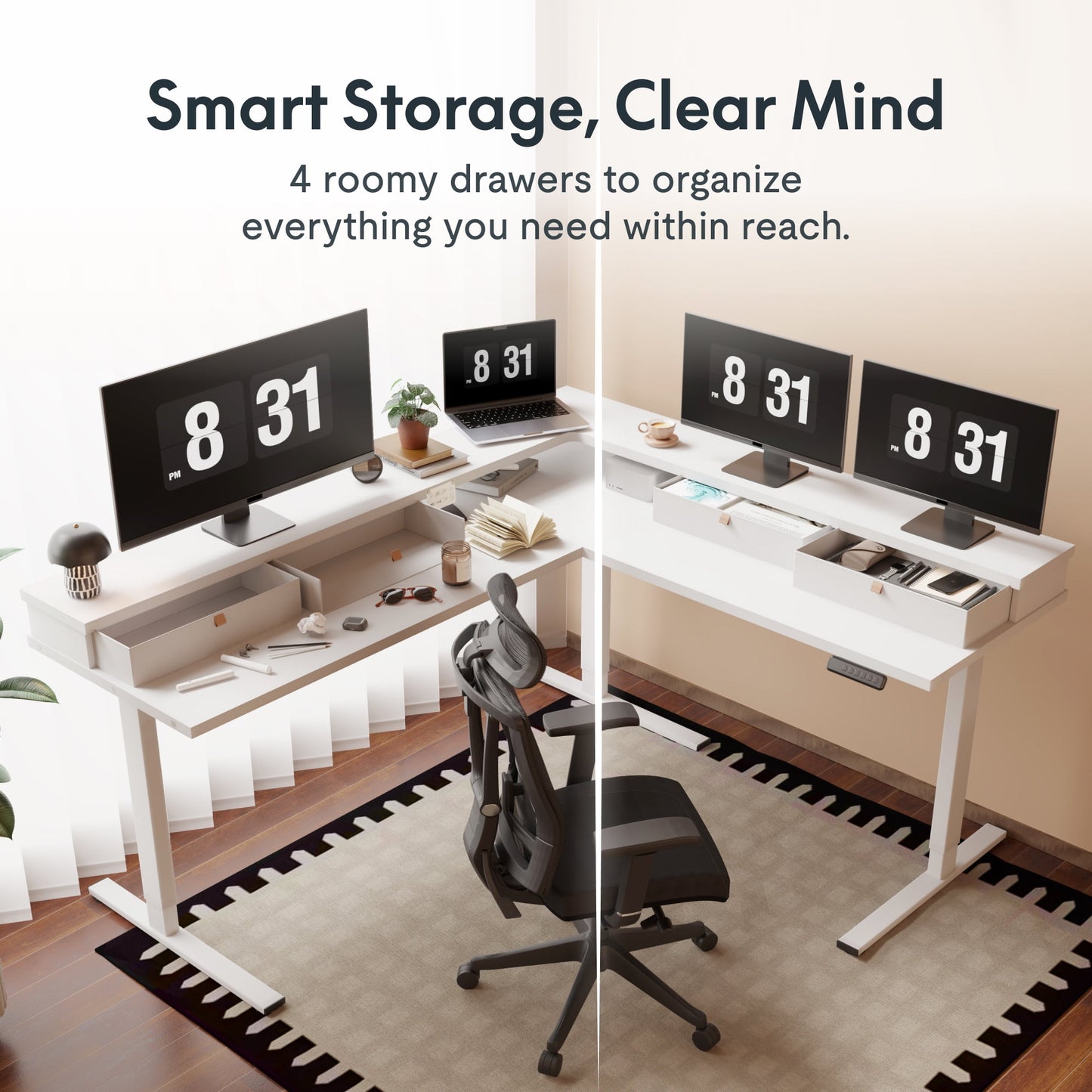 FLEXISPOT - 63 Inch L Shaped Standing Desk with Drawers and Shelf, Electric Adjustable Workstation with USB Charging for Home Office, White Top and Frame - Serious Techies