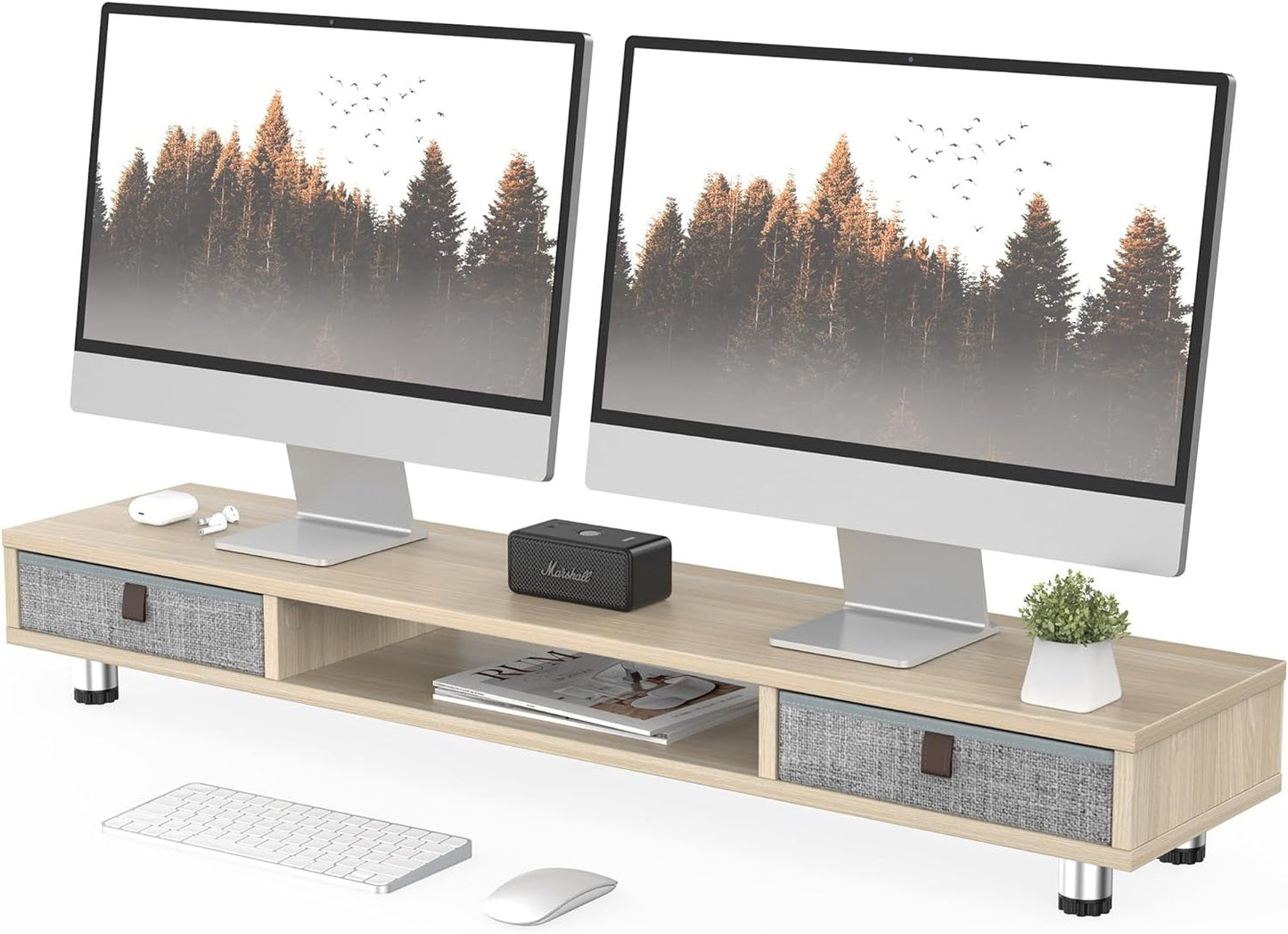 Fenge - Monitor Stand, Dual Monitor Stand with 2 Drawers, Monitor Riser for 2 Monitors, Adjustable Height Computer Stand, Office Monitor Stands for Desk, Laptop, PC, TV, Printer - Serious Techies