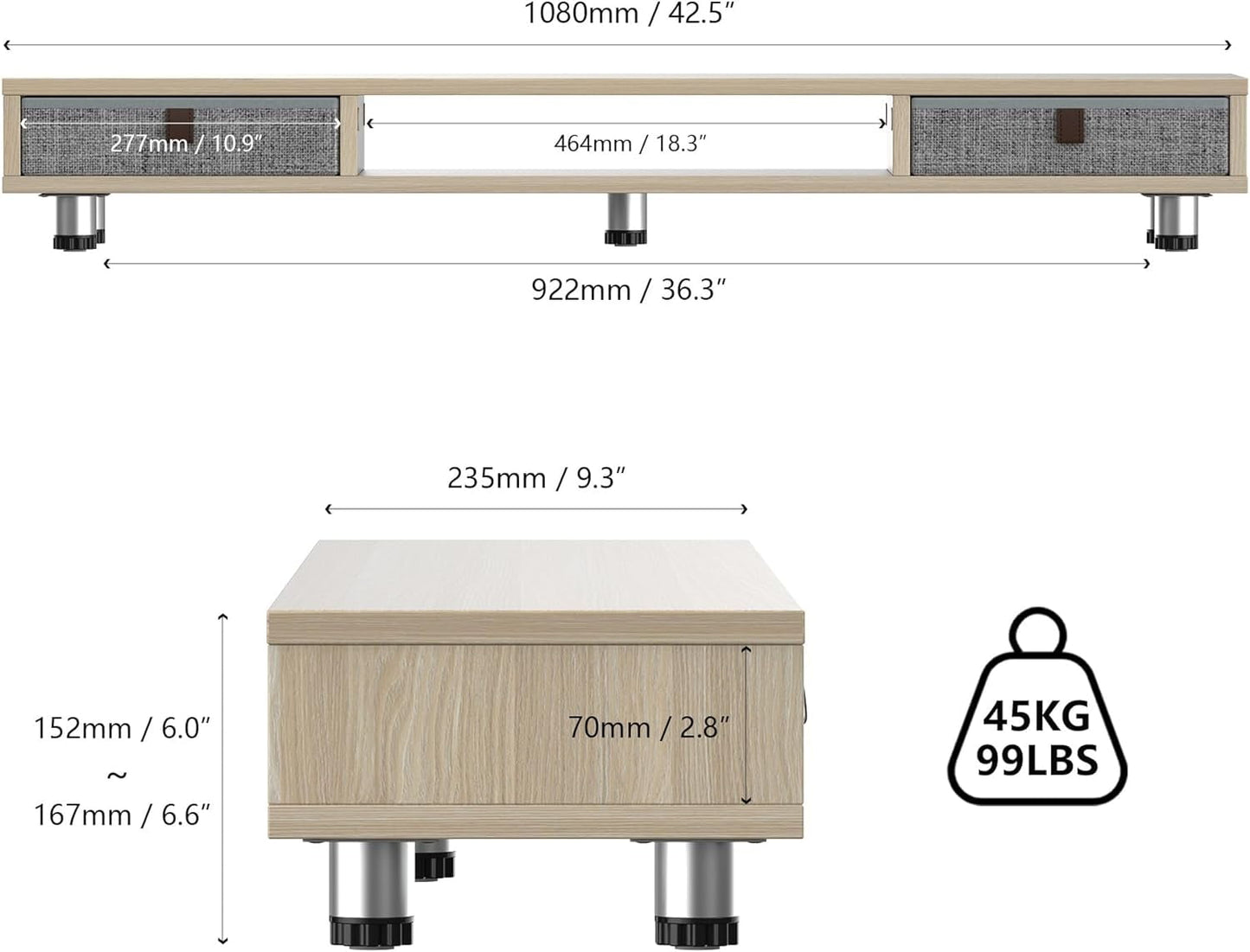 Fenge - Monitor Stand, Dual Monitor Stand with 2 Drawers, Monitor Riser for 2 Monitors, Adjustable Height Computer Stand, Office Monitor Stands for Desk, Laptop, PC, TV, Printer - Serious Techies